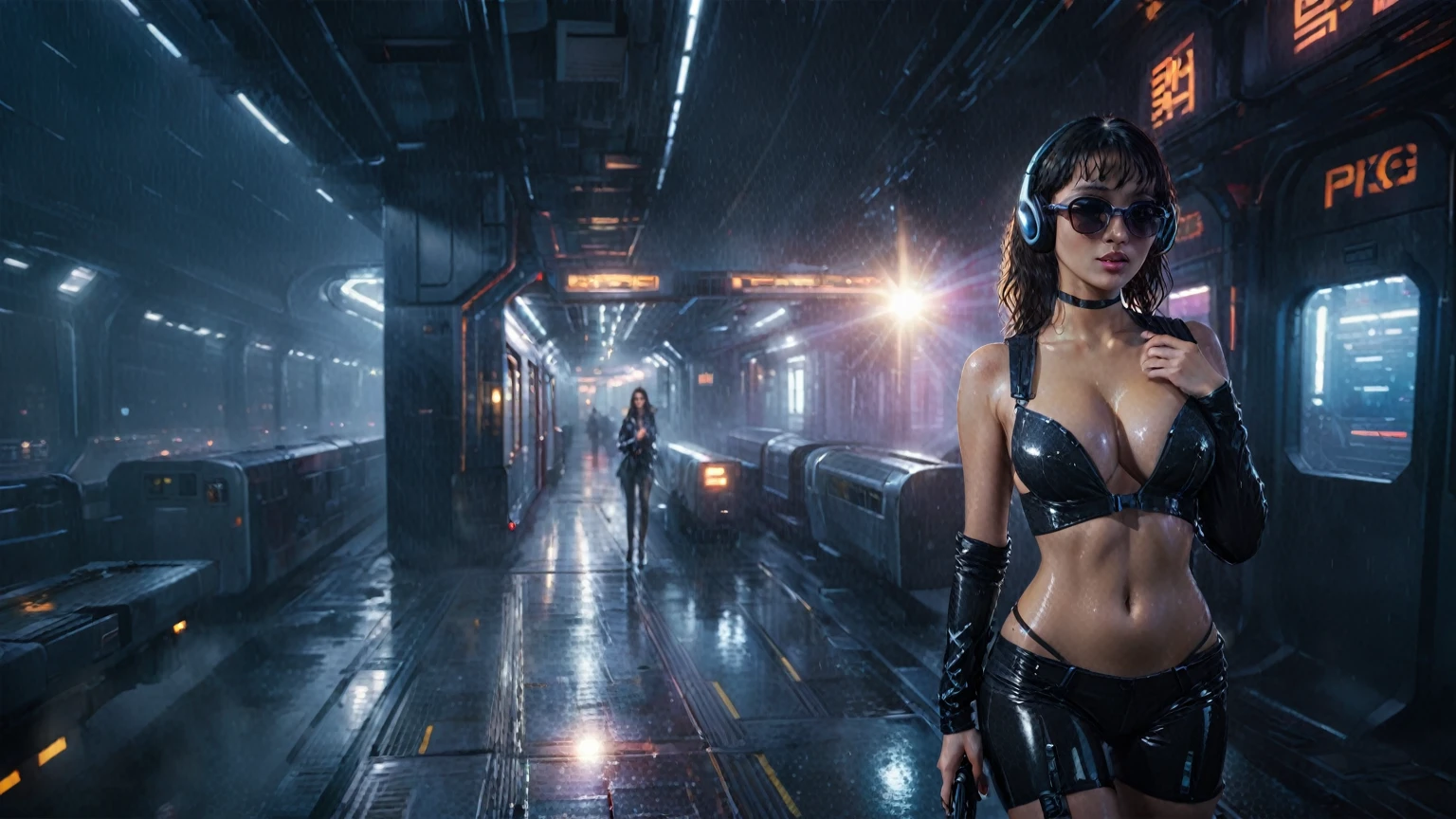 (((aerial view))), Blade Runner style futuristic railway platform, hi-tech train, neon lights, rainy night. (1girl, solo, alone), large-breast:1.2 slim body, cleavage:1.1, sexy lingerie with wet jacket, headphone, (black sunglasses), (((she raised a pistol:1.8 and shot:1.8 the viewer))), dynamic pose, (((half-body thigh level medium shot))), cinematic lighting, lens flare, ray tracing, blurred:1.4 background.