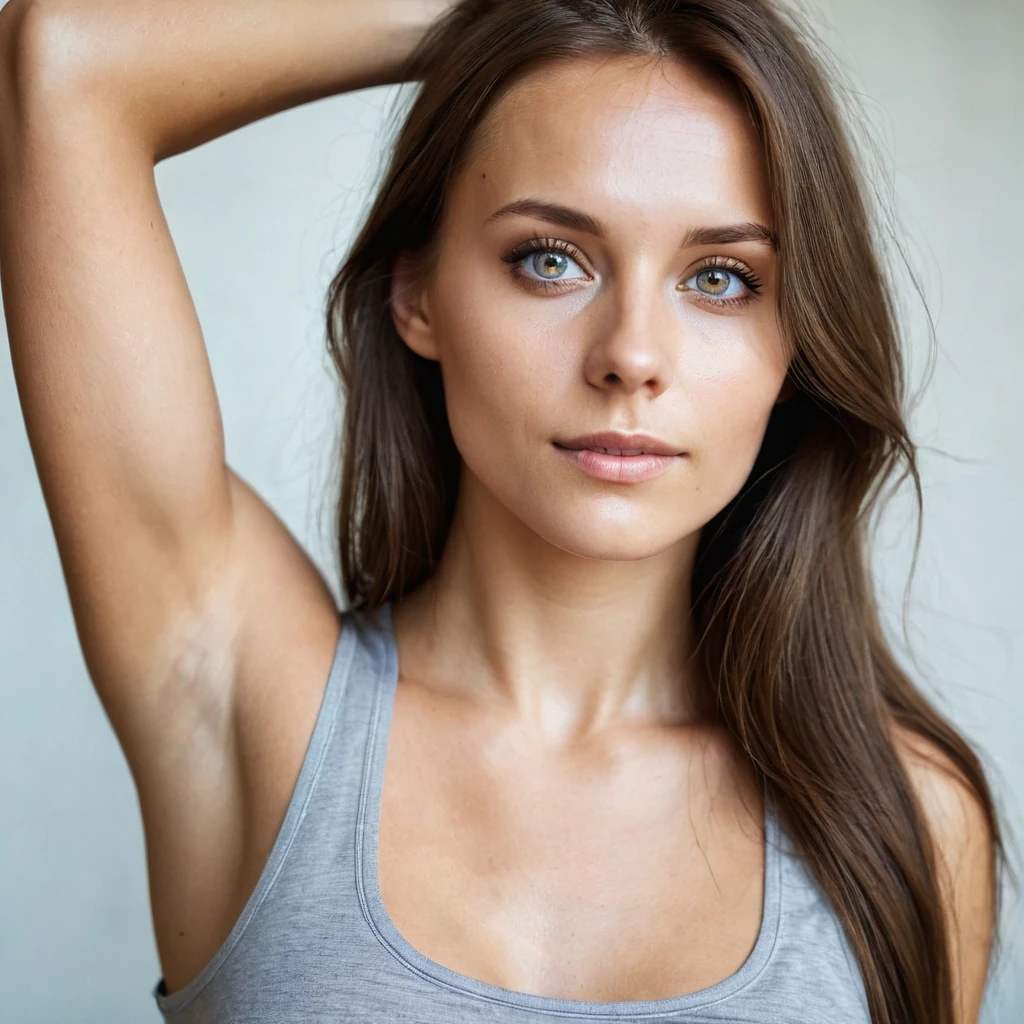 Beautiful woman from sweden, realistic eyes, realistic face, slim face, long brown hair, 25 years old, special camera angle, belly tanktop
