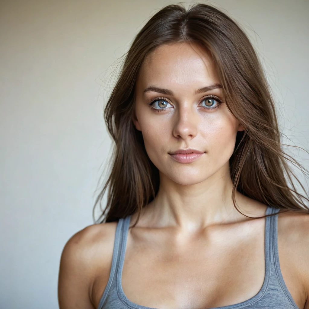 Beautiful woman from sweden, realistic eyes, realistic face, slim face, long brown hair, 25 years old, special camera angle, belly tanktop