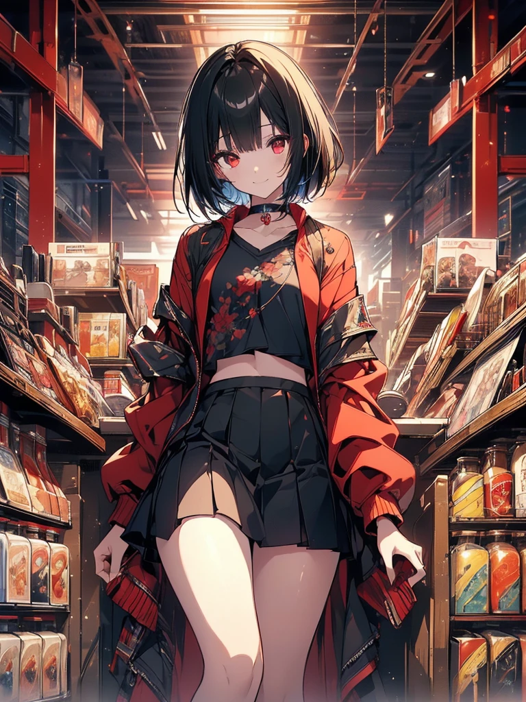 (masterpiece, highest quality, highest quality, (No text), Beautiful and aesthetic:1.2),No text,アニメ、BREAK,One Girl，Black Hair Girl　short hair　older sister　choker　Beautiful eyes　Red eyes　cool　smile　Red and Black　Black jacket　profile　mini skirt　whole body　In town