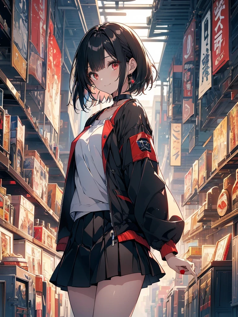 (masterpiece, highest quality, highest quality, (No text), Beautiful and aesthetic:1.2),No text,アニメ、BREAK,One Girl,Black Hair Girl short hair older sister choker Beautiful eyes Red eyes cool smile Red and Black Black jacket profile mini skirt whole body In town
