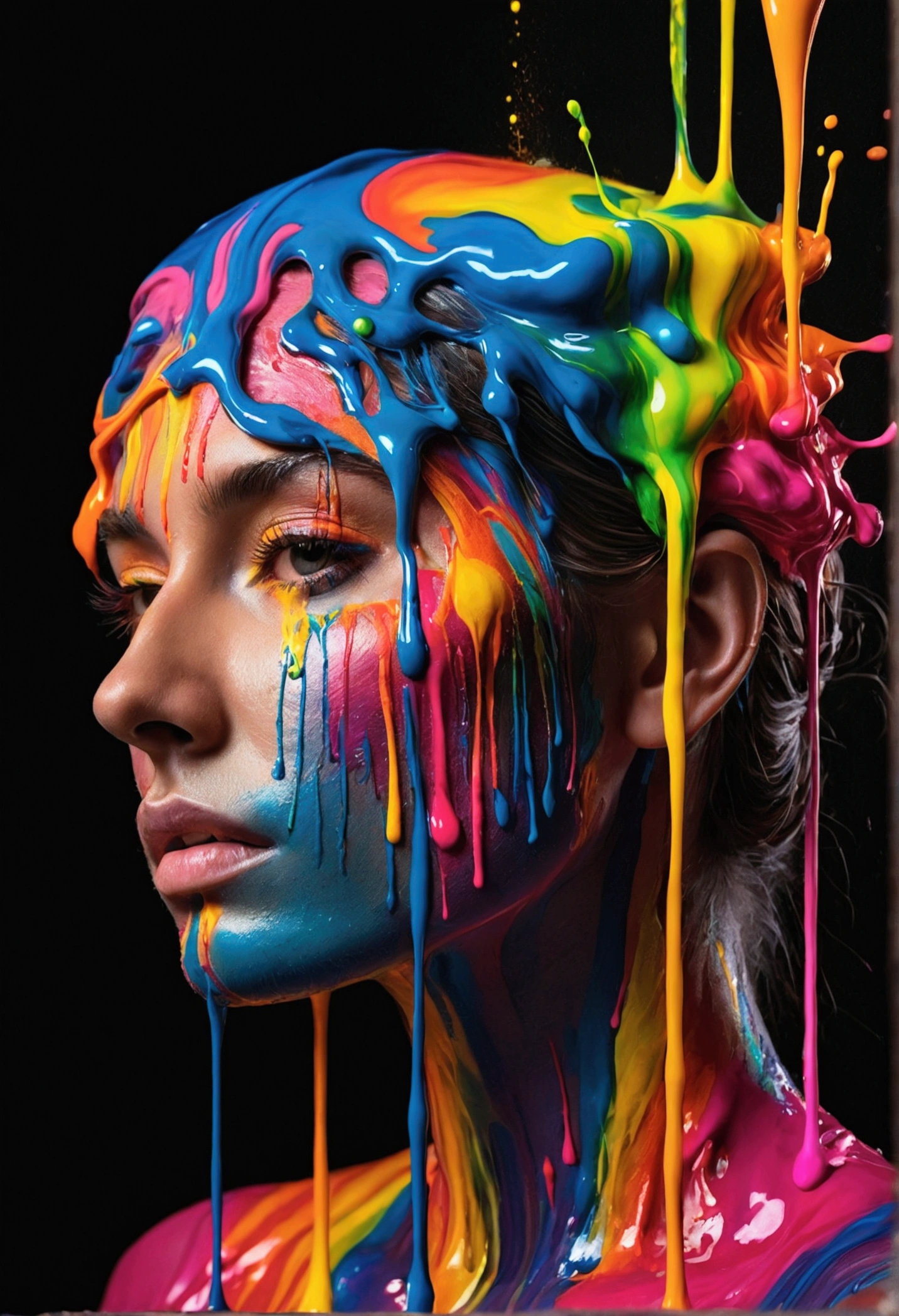 Make a masterpiece. When the world collides. swirling liquid rainbow color paint, neon Paint drip, in the style of triple exposure photography. Unreal, octane render, vibrant neon  colors, extremely cinematic, very powerful photography, national geographic photography.
