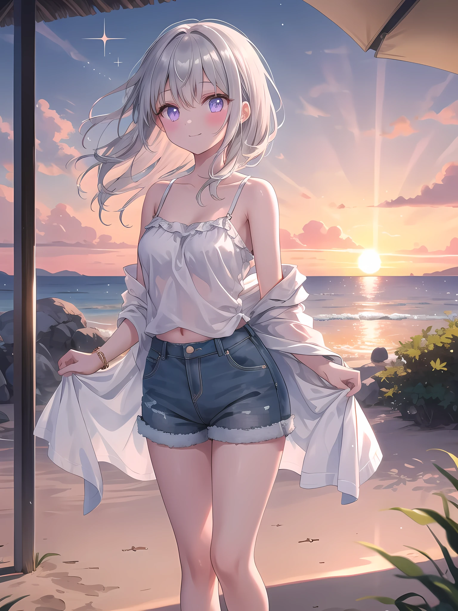 ((8k, best quality, master piece: 1.3)),super high resolution,(1 girl, solo), (colorshift eyes, hyperdetailed, expressive sparkling, glitter, glowing eyes), ultra detailed eyes, ultra-detailed face, random hair, ((silver gray color)), On a beach at sunset, a silver-haired woman is walking barefoot on the sand wearing a simple camisole and denim shorts. The orange sunset spreads in the background, and the sound of the waves gently lapping can be heard. She is standing in a relaxed position with a beach towel draped over her shoulders. The camisole is made of soft cotton, and the denim shorts give off a casual vibe. Silver anklets sparkle around her ankles, shining in the light of the setting sun. She smiles as she gazes into the distance, enjoying the sunset with a calm expression, A breathtaking scene bathed in the warm, golden light of the setting sun. The light casts long, soft shadows and creates a warm glow that envelops the entire image. The sky is a mix of oranges, pinks, and purples, adding to the serene and peaceful atmosphere.