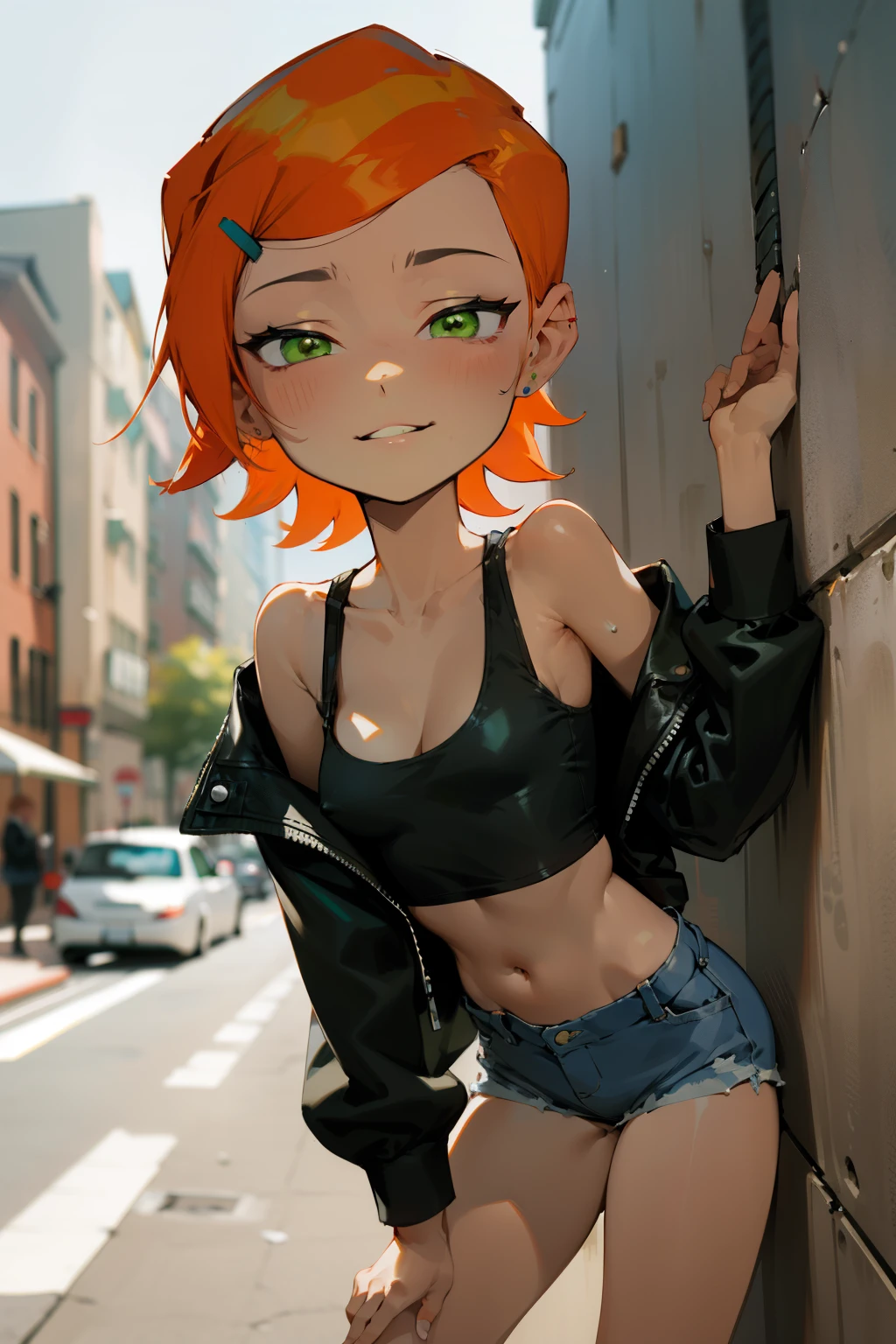 (Masterpiece), Best Quality, ultra-detailed, 1girl (Gwendolyn_Tennyson,  breasts, orange hair,  short hair, green eyes, half-closed  eyes), a  seductive face,  wicked smile, parted lips,  facing viewer, looking at viewer, solo, black  jacket, leather jacket, undress, bare  shoulders, white tank_top, cleavage, navel,  denim  short shorts, outdoors, street,  standing, Sexy waist teasing , a provocative pose 