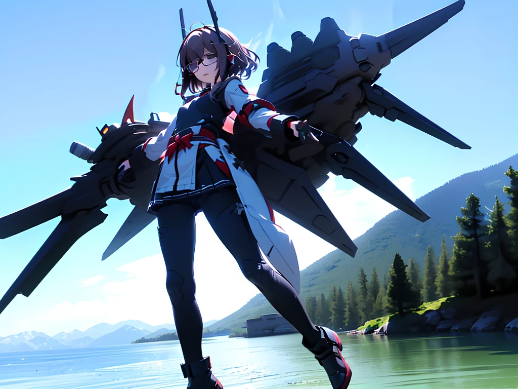(((masterpiece, Vision))), ((((Full body of a woman with perfect flat chest、1 Female、solo、Short unkempt black hair、Tie your messy hair at the nape of your neck、white military jacket、Miko costume、black tights、Black glasses are black、White military cap、Cloudy black eyes、Confused eyes、Junyo-inspired emblem、Ship-style boots)))), (((Shipgirl))), ((Floating on the morning sea with both feet)), (Standing with your legs apart)), Aim, (Hold the shotgun turret grip with your right hand), (Four white mechanical dragons extend from its back.), (Equipped with a small hull with turrets on either side of the waist), (Equipped with a bridge on the back), (Left arm holds the grip of a double-barreled shotgun),