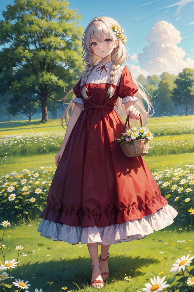 a young woman is shown standing in a field of flowers with a basket of daisies and roses and a long braid reaching down to her feet, 1girl, solo, dress, red dress, flower, long hair, outdoors, braid, short sleeves, looking at viewer, white flower, day, field, holding, puffy sleeves, sky, ribbon, feet out of frame