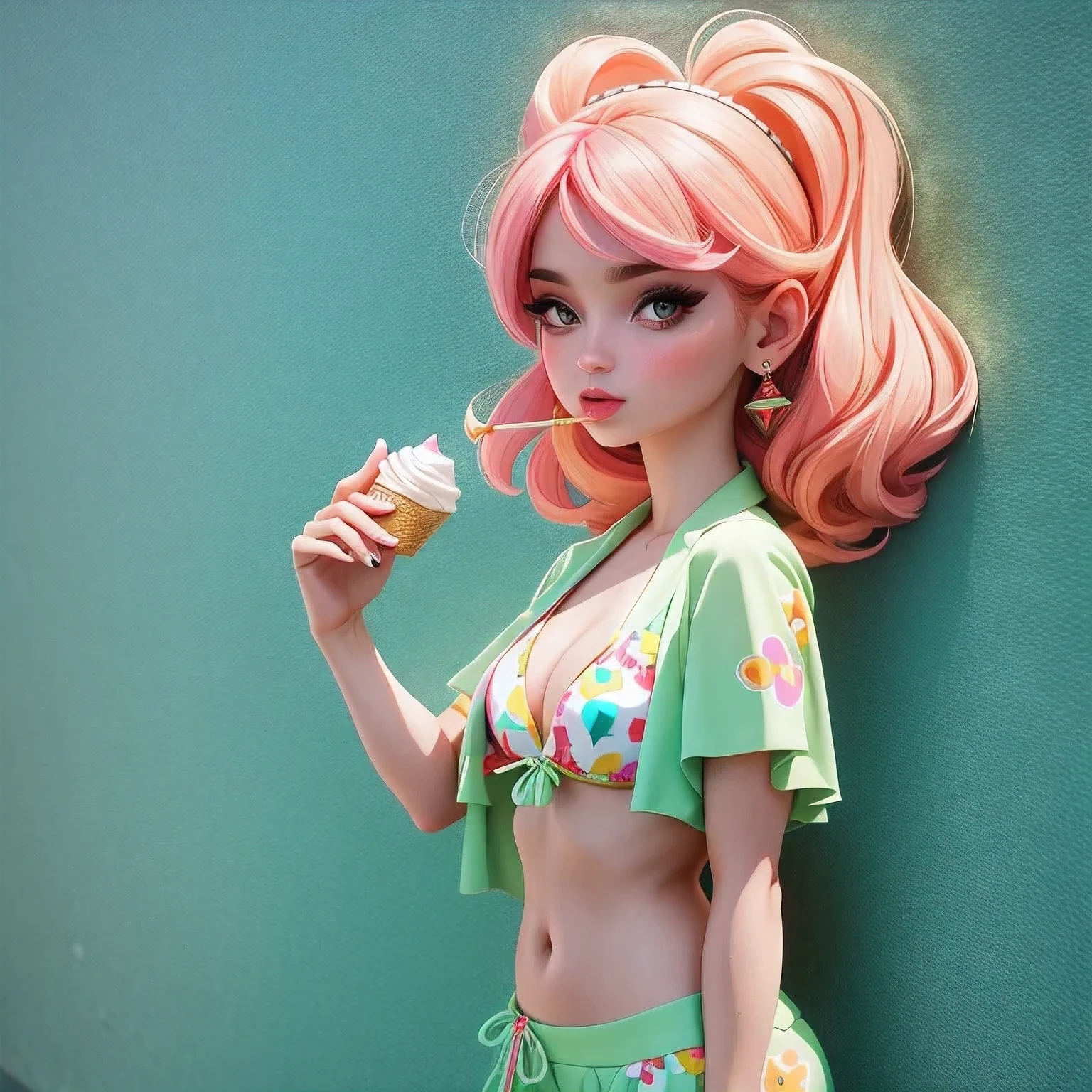 araffe1 girl in a bikini eating an ice cream cone, eating ice cream, in a bikini, angela white, giorgia meloni, katy perry, in bikini, eating ice - cream, wearing spandex bikini, ice cream on the side, bikini, ice cream, wearing a bikini, candid photo of dirty, shiny plastic bikini, candid shot, cone, 1 girl, solo,in a green dress standing by a wall,portrait of female idol,