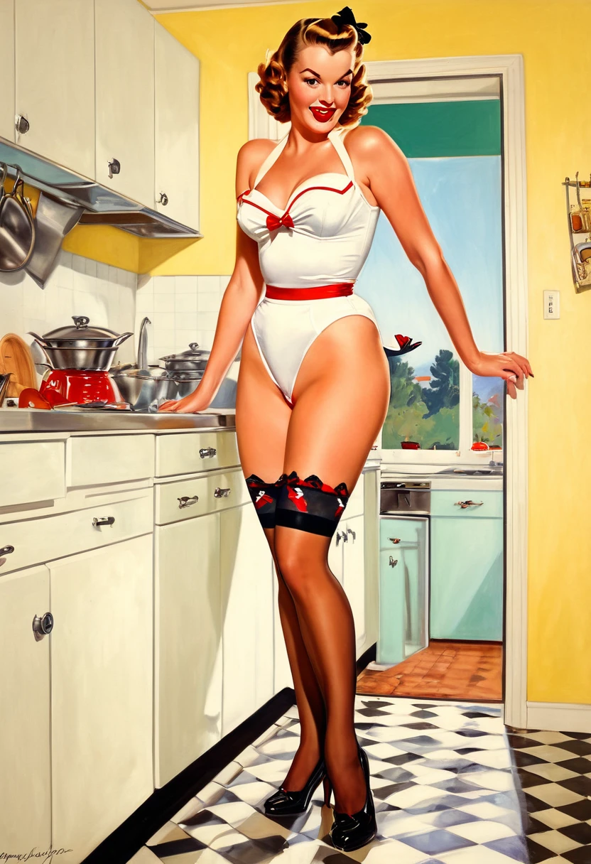 painting of a woman in a kitchen with a panty host and stockings, pinup art, pinup, pin-up, pin - up, pin up, comic pinup style, pin-up poster girl, in the kitchen, (sfw) safe for work, pinup girl, gil elvgren style, pin up girl, pinup model, girl pinup, pin - up girl