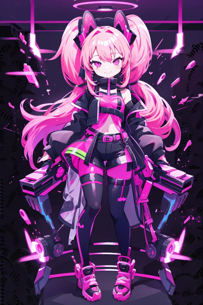 Cute, 1girl, pink hair twintails, black jacket, black tight shorts, see through pantyhose, smile, pink eyes with heart in it, holding pink gun, little robotic pink puppets