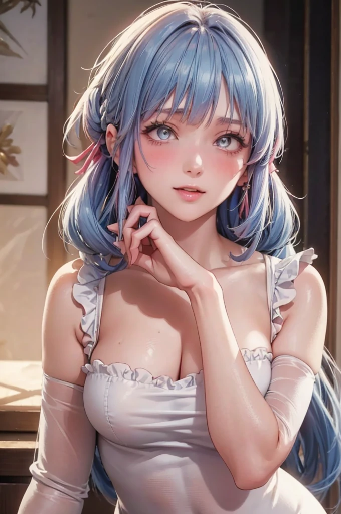 best quality, masterpiece, highly detailed,1girl, Kamisato Ayaka, , (masterpiece:1.5), Detailed Photo, Smiling, Sexy, (8K, Best Quality: 1.4), (1girl), Beautiful Face, (anime realistic Face), (Blue Hair, long Hair: 1.3), Beautiful Hairstyle, Realistic eyes, beautiful detail eyes, (white skin), beautiful skin, absurd, attractive, ultra high resolution, ultra realistic, high definition, golden ratio, (sexually aroused:1.5), Pinkish white skin, cool white light, sexy pose, Beautiful , white background, pink soft white light, Wear a black bodycon dress