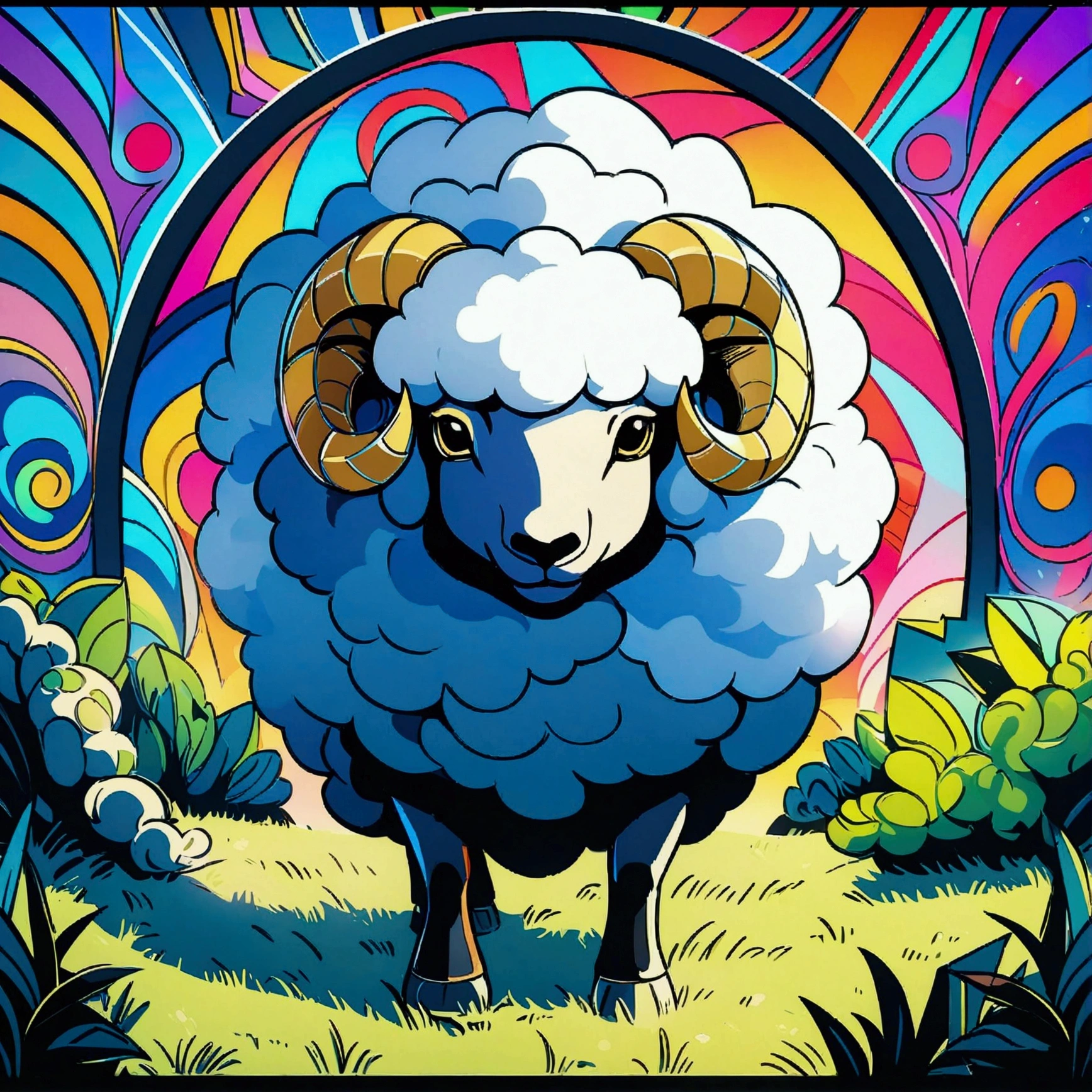A dazzling, lively, award-winning masterpiece of a Fluffy sheep grazing on the grass, black nose, And excessive detail, Psychedelic style. Artline style black and white. Unleash your creativity with the golden ratio, And watch the magic come to life in 4K resolution, Professional cinematic image