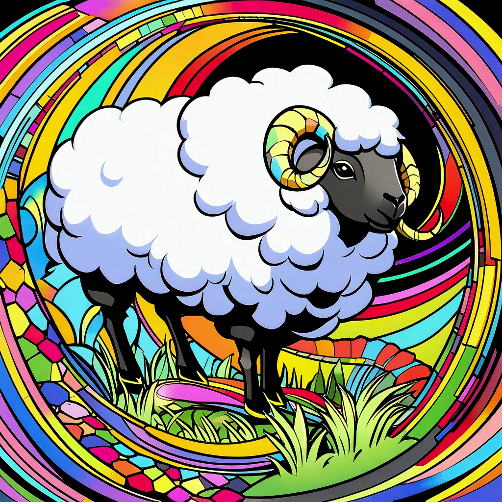A dazzling, lively, award-winning masterpiece of a Fluffy sheep grazing on the grass, black nose, And excessive detail, Psychedelic style. Artline style black and white. Unleash your creativity with the golden ratio, And watch the magic come to life in 4K resolution, Professional cinematic image