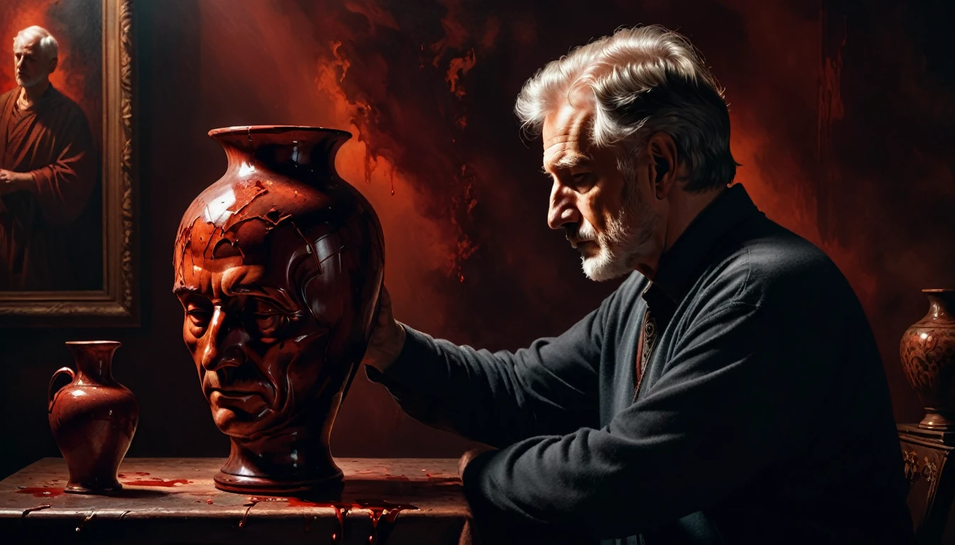 a man broke a vase on a old man head, bloody effect, oil painting, reddish tones, chiaroscuro lighting, dramatic moody atmosphere, cinematic composition, masterpiece, ultra-detailed, photorealistic, 8k, best quality