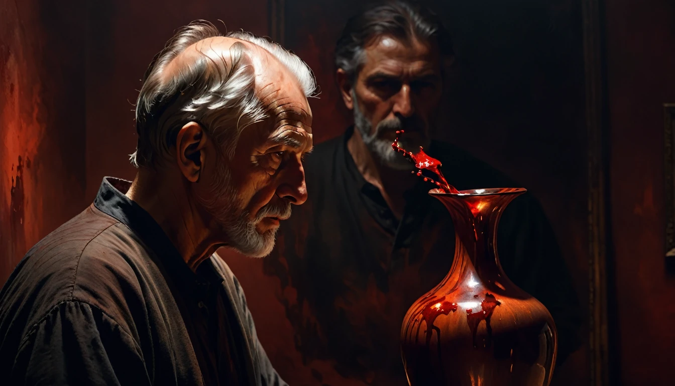 a man broke a vase on a old man head, bloody effect, oil painting, reddish tones, chiaroscuro lighting, dramatic moody atmosphere, cinematic composition, masterpiece, ultra-detailed, photorealistic, 8k, best quality