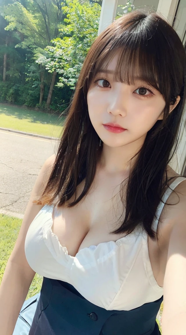 (Highest quality、8k、32K、masterpiece、Best Quality、Realistic))、Large Breasts、Summer clothes、clear、Selfie、Long Black Hair、Short bangs、Idol