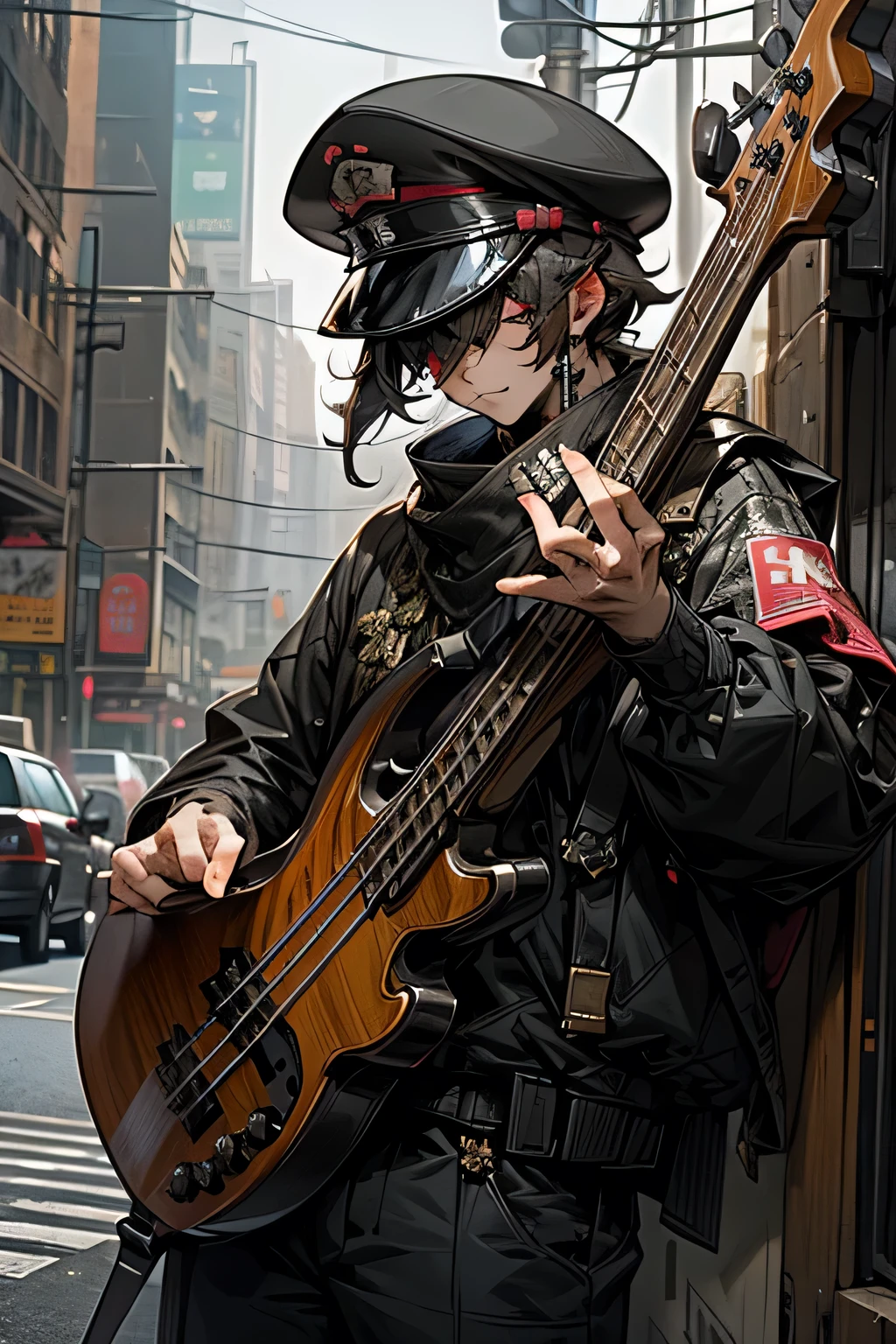 masterpiece,best quality,super detailed,super fine illustration,8k,Visual Kei Band,bass,army jacket,army hat,Eye patch,Break detailed background,city,Break bass,perfect bass,detailed bass,(Break he plays a bass.,perfect hands,perfect fingers,)