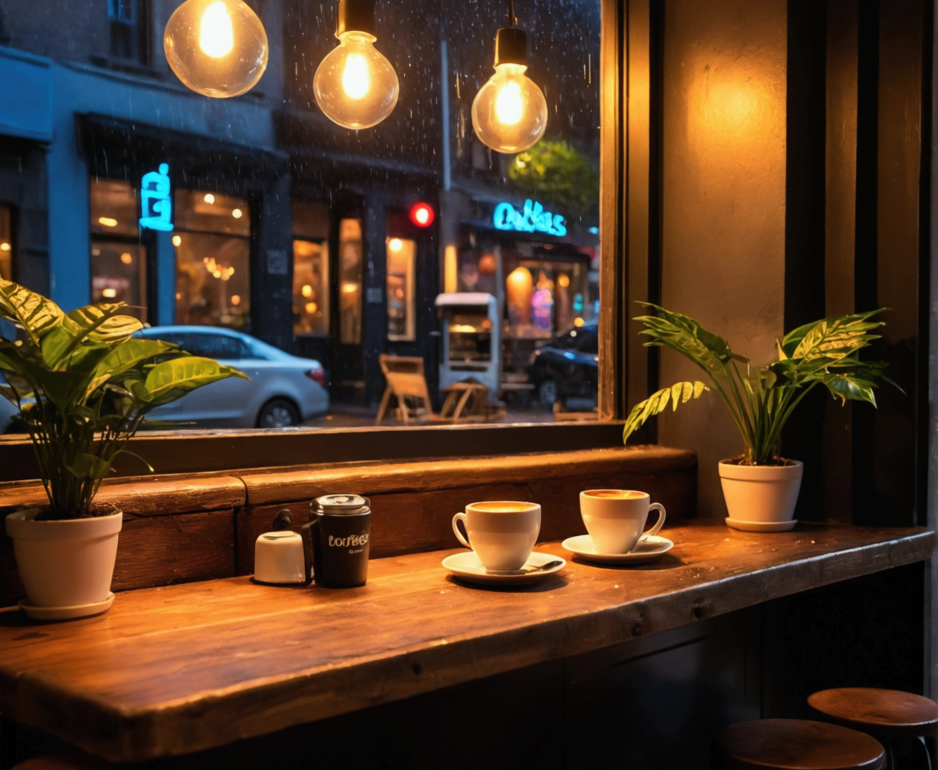 (Neon-lit night view),(Lo-fi coffee shop),(Vibrant colors),(Detailed coffee cup),(Reflection on the table), (Nostalgic atmosphere), (Artistic painting style),(Cozy atmosphere), (Realistic Textures), (The aroma of coffee in the air), (people々is chatting or laughing), (Street view), (Soft Shadows), (Dark Alley), (City lights), (rain), (Raindrops on the window glass), (Blurred Background), (Decorative interior design), (Aesthetic atmosphere), (Houseplant), (Glowing neon signs), (Barista brewing coffee), (Smoke from the coffee machine), (Artistic slow moments), (Customers enjoying drinks), (Latte Art), (Music in the background), (Steaming hot coffee),(Floral plate), (Warm tones), (Comfortable seating arrangement), (Rustic wooden table), (Intimate atmosphere), (Bokeh Light), (A candid moment captured), (Artistic lighting effects), (Dreamy atmosphere), (Stylish bar counter), (Coffee spill marks), (Artwork on the wall).