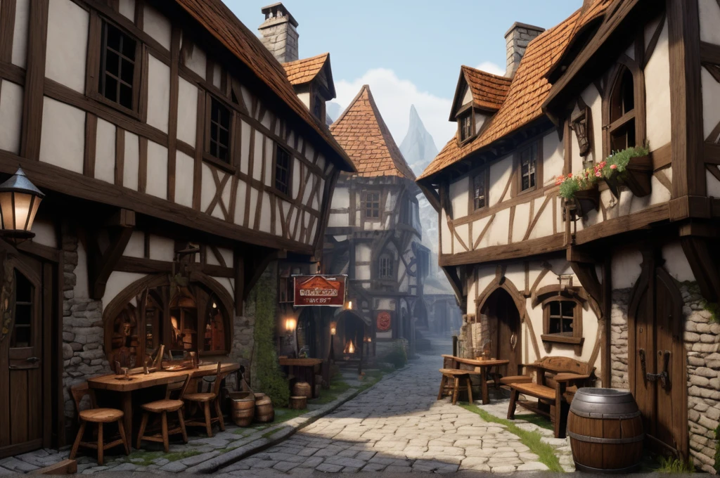 8k, masterpiece, best quality, realistic, higly detailed, landscape, dnd, d&d, dungeons and dragons, dungeons & dragons, rpg, ttrp, medieval town, long street with beautiful tavern on distance