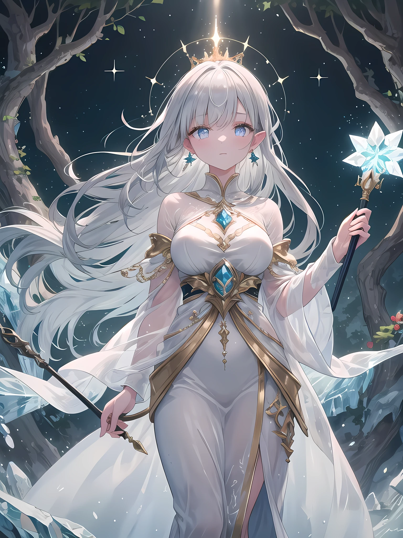 ((8k, best quality, master piece: 1.3)),super high resolution,(1 girl, solo), (colorshift eyes, hyperdetailed, expressive sparkling, glitter, glowing eyes), ultra detailed eyes, ultra-detailed face, random hair, ((silver gray color)), A silver-haired woman in a long silk robe embroidered with white and gold as the Queen of the Elves stands by a mysterious spring deep in a sacred magical forest. Her robe softly shines in the light, and behind her are towering ancient trees and glittering flowers. She holds a magic wand and her elven earrings sway. Sparkling magical light emanates from her hand, and moonlight and dramatic shadows float all over. Long waves of silver hair sway in the wind, and her shiny, translucent skin is beautiful. Her eyes are filled with magical power, and she gazes into the distance with sparkling eyes filled with deep emotion. She stands gracefully and with a dignified posture, and the magical light illuminates the background, integrating with the natural background, A crisp, clear scene with icy blue light reflecting off frozen surfaces. The light creates a sharp, clean look with shimmering highlights and cool tones. The environment feels fresh and invigorating, with intricate ice patterns and sparkling frost.