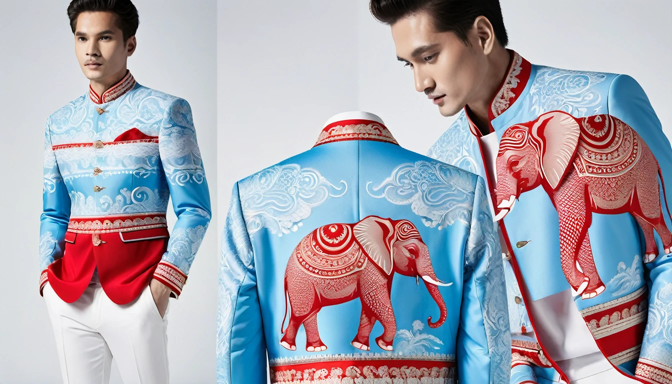 ((best quality)), ((Masterpiece)), (details), Take the whole body, Elegant formal sports fashion, Modern design, fashion style, Highlighting the intricate Thai elephant pattern on the jacket.,light blue, red, and shades of white, Reflecting cultural vitality, The white background looks like it was taken in a studio.