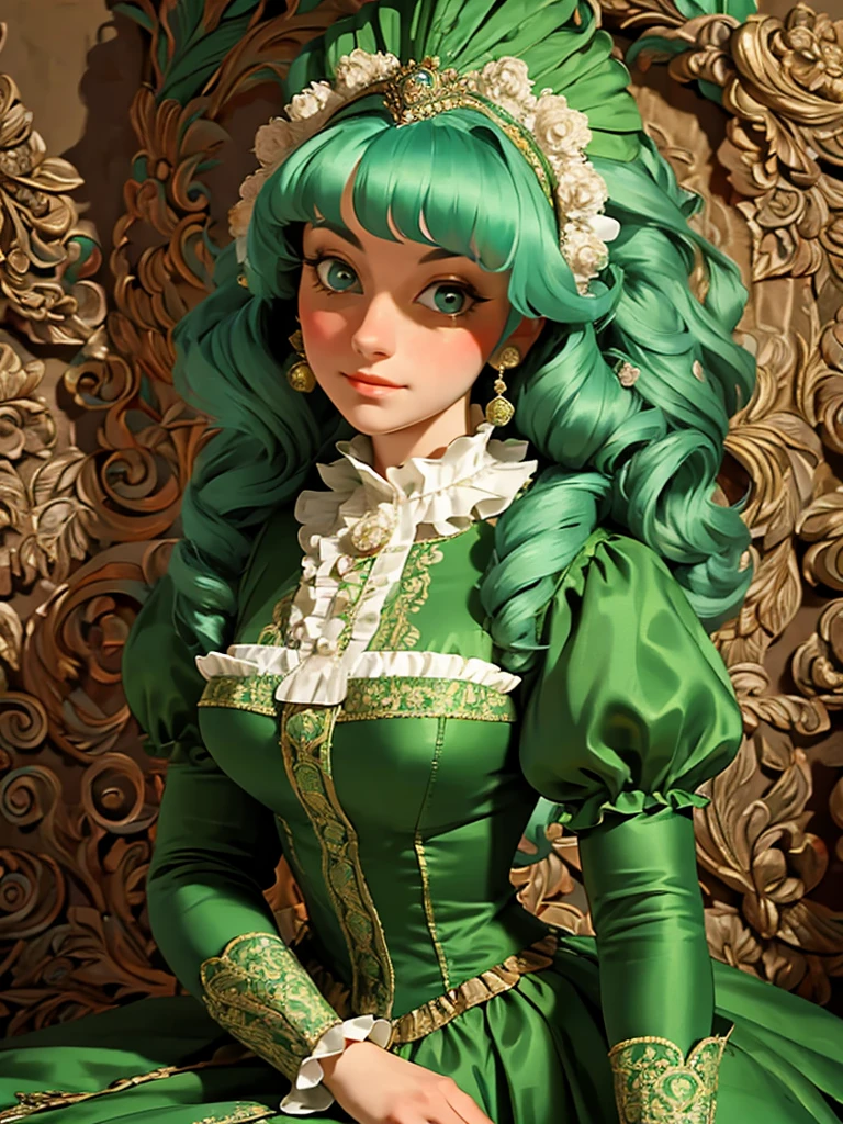 arafed woman in a green dress with a feathered headpiece, 1 7 th century duchess, dress in the style of rococo, inspired by Mary Beale, wearing a noblewoman's outfit, historical baroque dress, aristocratic clothing, georgian dress amazing fabric, rococo queen, in historic clothing, rococo dress, 1 8 th century style