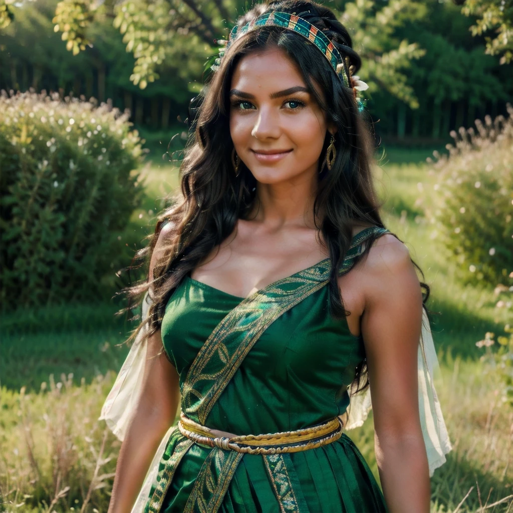 A photo of the face of a Native American woman, with green eyes, black hair, and a highly detailed Cherokee headdress adorning her head. She smiles towards the camera. She wears traditional and abbreviated indigenous clothing, showcasing her slender body. She is walking through a grassy plain with flowers. The photo captures the natural beauty and cultural richness of the Native American woman. The cinematic lighting highlights the intricate details of her headdress and brings out the depth of her green eyes, creating a captivating effect. The Unreal Engine ensures a photorealistic quality, making the image feel like a moment frozen in time. Her black hair contrasts beautifully with the vibrant colors of the headdress, adding to her striking appearance. Her traditional clothing reflects her cultural heritage and complements the natural setting of the grassy plain. The woman's smile exudes warmth and positivity, creating a connection with the viewer. Her slender body and traditional attire showcase her cultural identity and resilience. The natural setting of the grassy plain with flowers provides a picturesque backdrop, adding to the authenticity of the scene. The camera chosen for this photo captures the intricate details of her expression and attire. The result is a visually engaging image that celebrates the woman's heritage and individuality, capturing her captivating appearance and cultural significance in a single frame. The combination of her unique features, traditional attire, and the natural surroundings make the photo exude a sense of cultural pride and harmony with nature