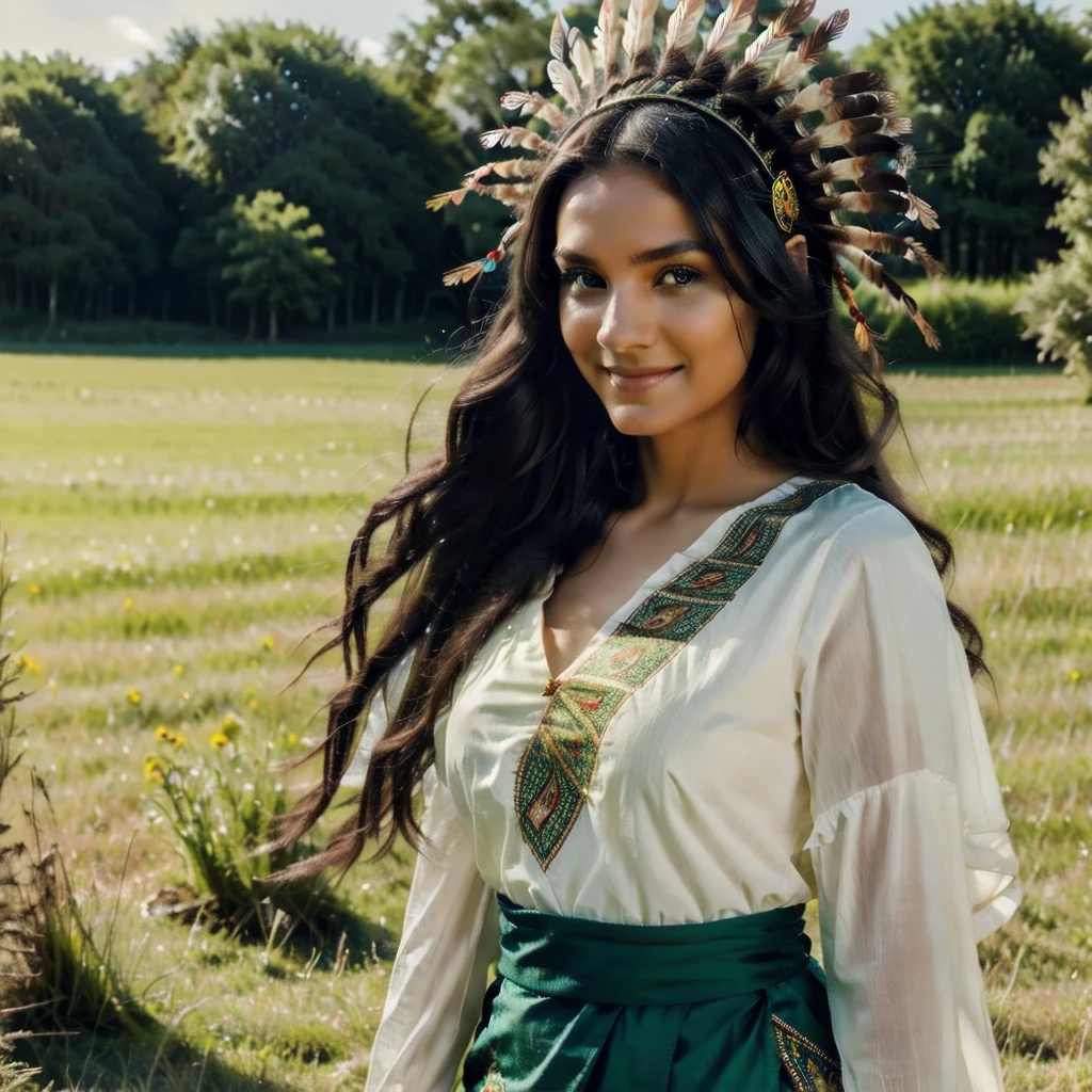 A photo of the face of a Native American woman, with green eyes, black hair, and a highly detailed Cherokee headdress adorning her head. She smiles towards the camera. She wears traditional and abbreviated indigenous clothing, showcasing her slender body. She is walking through a grassy plain with flowers. The photo captures the natural beauty and cultural richness of the Native American woman. The cinematic lighting highlights the intricate details of her headdress and brings out the depth of her green eyes, creating a captivating effect. The Unreal Engine ensures a photorealistic quality, making the image feel like a moment frozen in time. Her black hair contrasts beautifully with the vibrant colors of the headdress, adding to her striking appearance. Her traditional clothing reflects her cultural heritage and complements the natural setting of the grassy plain. The woman's smile exudes warmth and positivity, creating a connection with the viewer. Her slender body and traditional attire showcase her cultural identity and resilience. The natural setting of the grassy plain with flowers provides a picturesque backdrop, adding to the authenticity of the scene. The camera chosen for this photo captures the intricate details of her expression and attire. The result is a visually engaging image that celebrates the woman's heritage and individuality, capturing her captivating appearance and cultural significance in a single frame. The combination of her unique features, traditional attire, and the natural surroundings make the photo exude a sense of cultural pride and harmony with nature