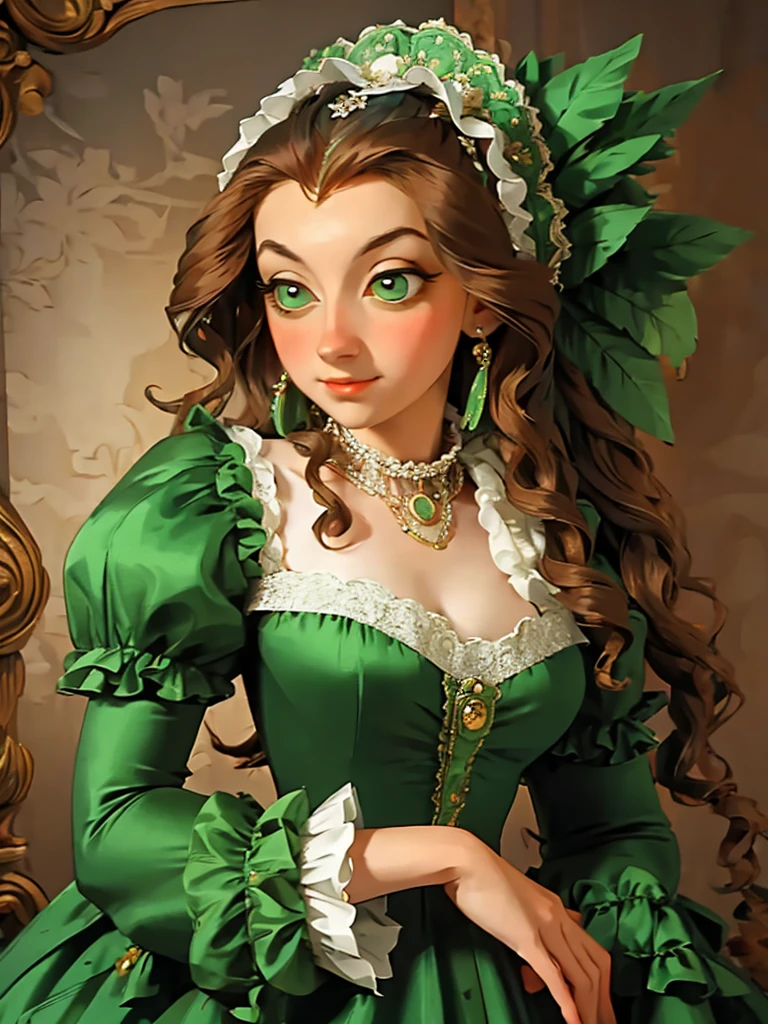arafed woman in a green dress with a feathered headpiece, a portrait inspired by Mary Beale, flickr, rococo, 1 7 th century duchess, dress in the style of rococo, wearing a noblewoman's outfit, historical baroque dress, aristocratic clothing, georgian dress amazing fabric, rococo queen, in historic clothing, rococo dress