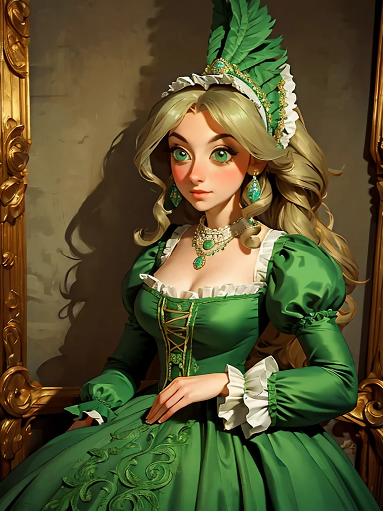 arafed woman in a green dress with a feathered headpiece, 1 7 th century duchess, dress in the style of rococo, inspired by Mary Beale, wearing a noblewoman's outfit, historical baroque dress, aristocratic clothing, georgian dress amazing fabric, rococo queen, in historic clothing, rococo dress, 1 8 th century style