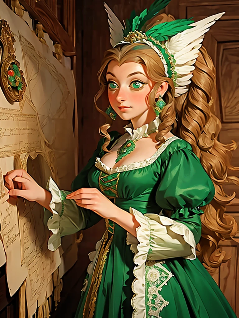 arafed woman in a green dress with a feathered headpiece, 1 7 th century duchess, dress in the style of rococo, inspired by Mary Beale, wearing a noblewoman's outfit, historical baroque dress, aristocratic clothing, georgian dress amazing fabric, rococo queen, in historic clothing, rococo dress, 1 8 th century style