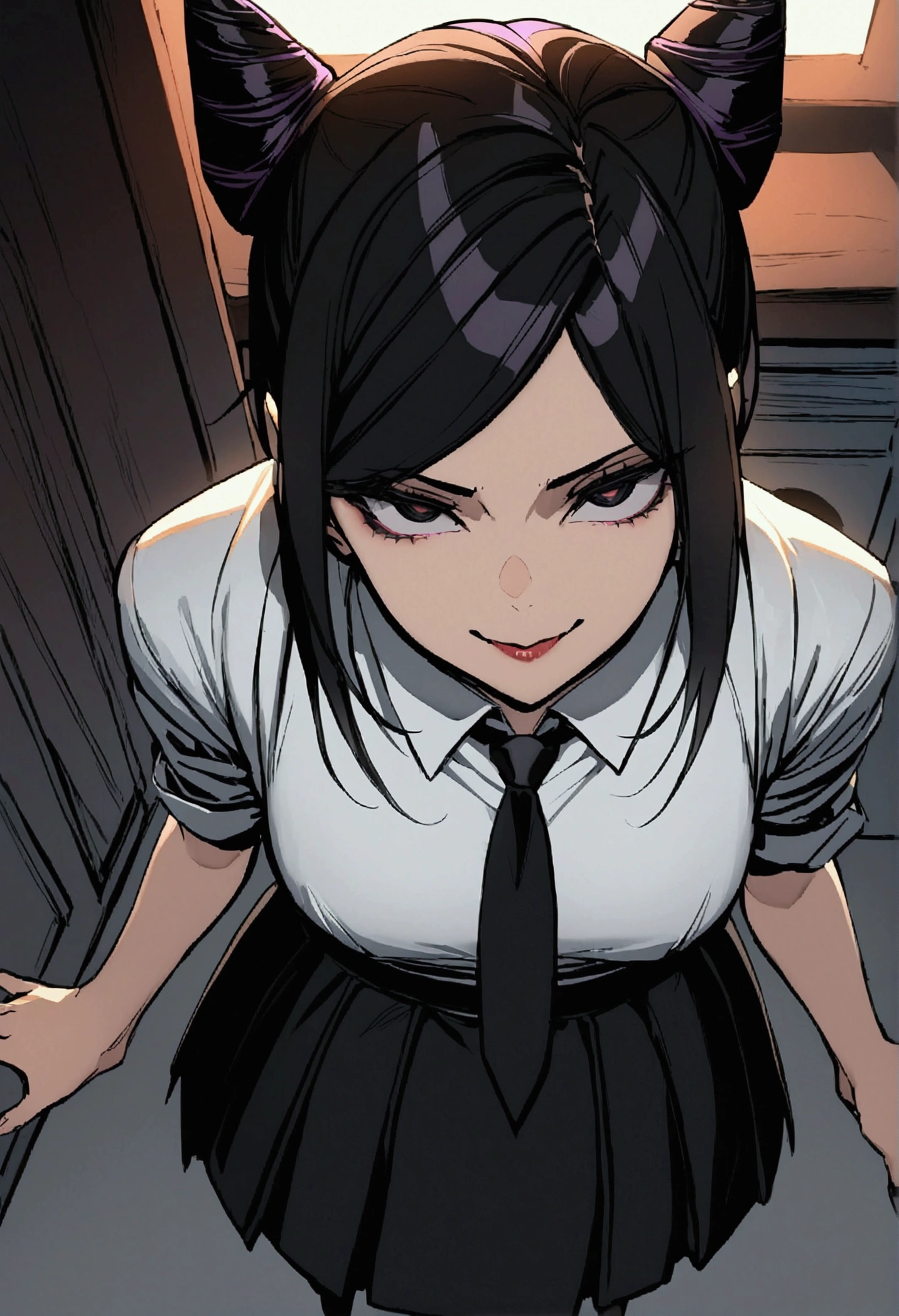 Juri Han, Artwork, fitted white secretary shirt with black tie, black high-waist skirt, skirt short,sock, Bblack hair, scary black sun,desk,bangs on the eyes,Lighting,hair horn,from above view,staring overhead,Evil smile
