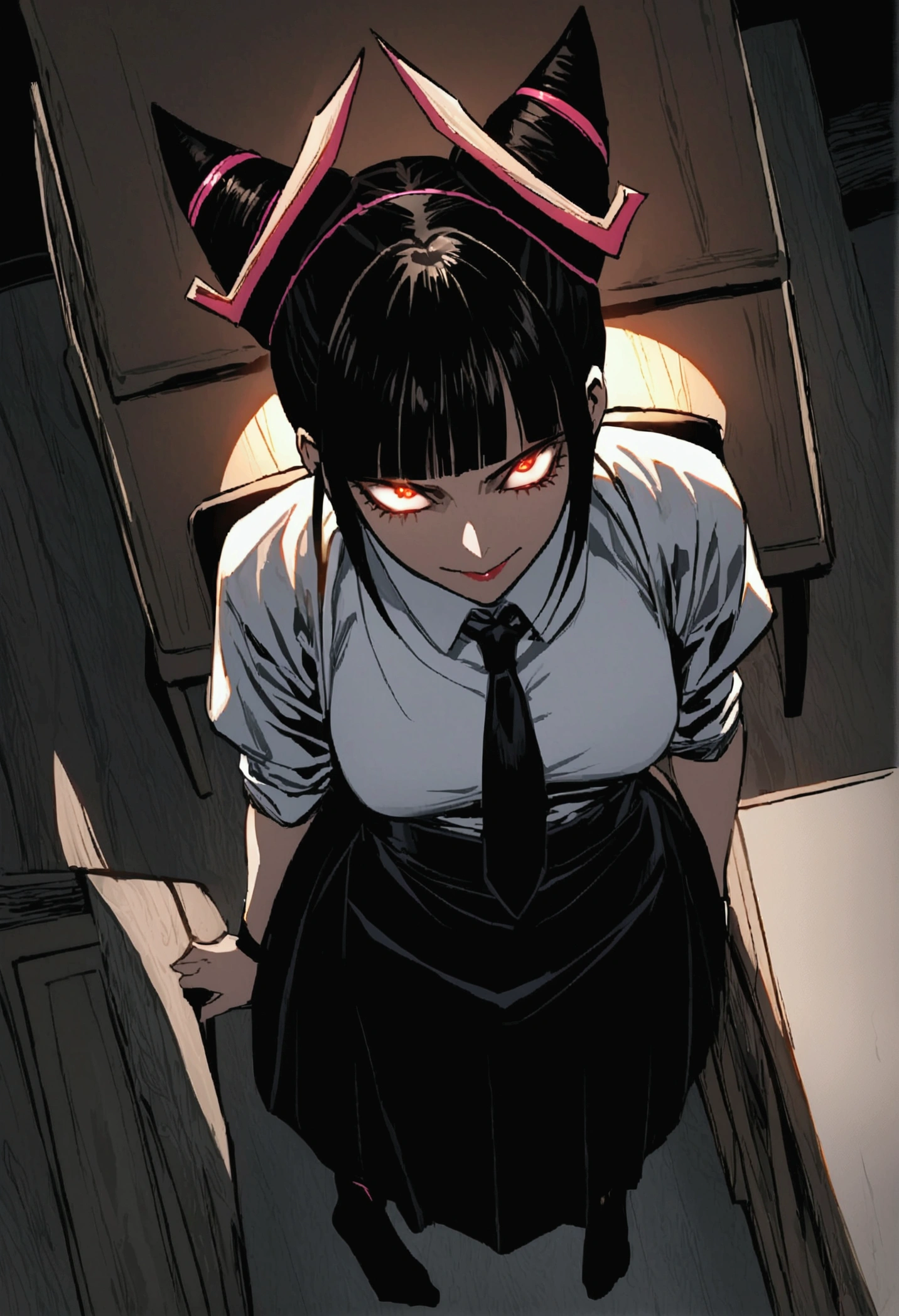 Juri Han, Artwork, fitted white secretary shirt with black tie, black high-waist skirt, skirt short,sock, Bblack hair, scary black sun,desk,bangs on the eyes,Lighting,hair horn,from above view,staring overhead,Evil smile