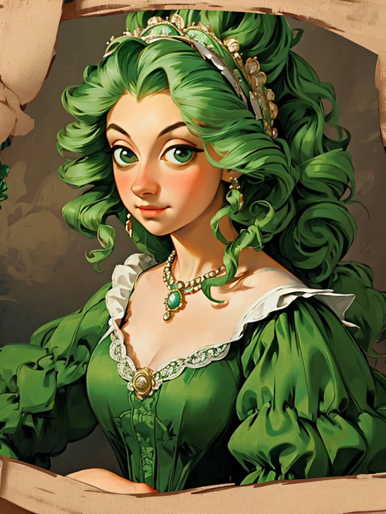 arafed woman in a green dress with a feathered headpiece, a portrait inspired by Mary Beale, flickr, rococo, 1 7 th century duchess, dress in the style of rococo, wearing a noblewoman's outfit, historical baroque dress, aristocratic clothing, georgian dress amazing fabric, rococo queen, in historic clothing, rococo dress