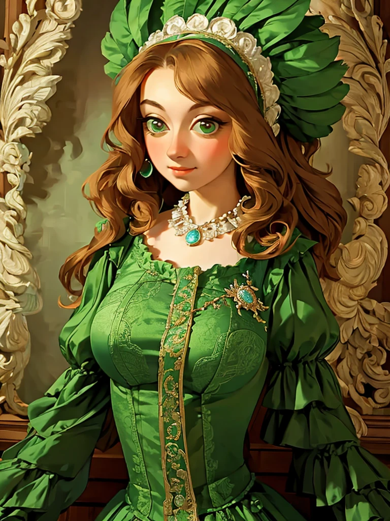 arafed woman in a green dress with a feathered headpiece, a portrait inspired by Mary Beale, flickr, rococo, 1 7 th century duchess, dress in the style of rococo, wearing a noblewoman's outfit, historical baroque dress, aristocratic clothing, georgian dress amazing fabric, rococo queen, in historic clothing, rococo dress