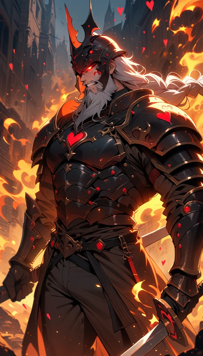 ((best quality)) , ((masterpiece)) , (detailed),weapon, armor, holding, long hair, facial hair, glowing eyes, 1boy, male focus, holding weapon, glowing, sword, outdoors, helmet, braid, teeth, fire, shoulder armor, pants, grey hair, beard, bangs, holding sword, muscular male, white hair,(((A lot of hearts)))