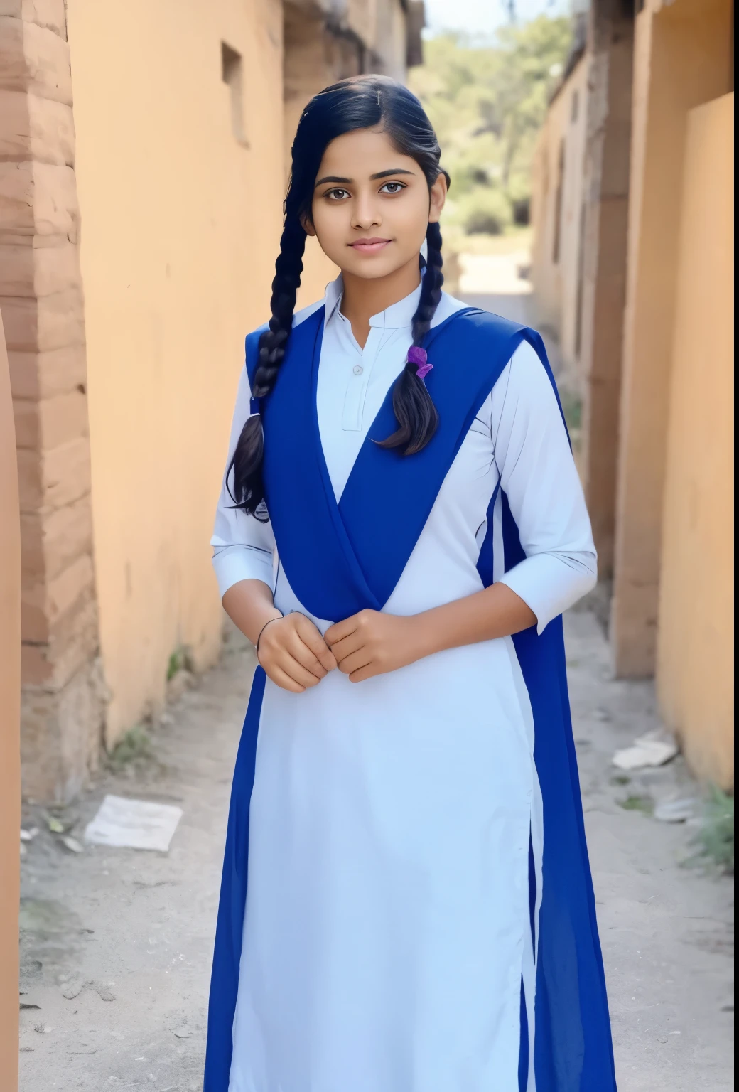 Raw photo , 1 girl  ,Wearing  salwar kameez uniform, teen school girl, with plait , professional photographer, (hdr:1.4), masterpiece, ultra-realistic 8k, perfect artwork, intrincate details, cute face, award winning photograph, (Best quality, 8k, 32k, Masterpiece, UHD:1.3) 