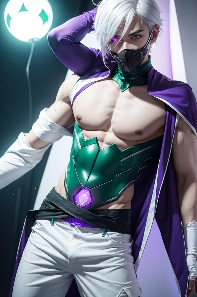 I want a male character with white hair and glowing purple eyes with a mask on his mouth, green chest and belly and white shorts 