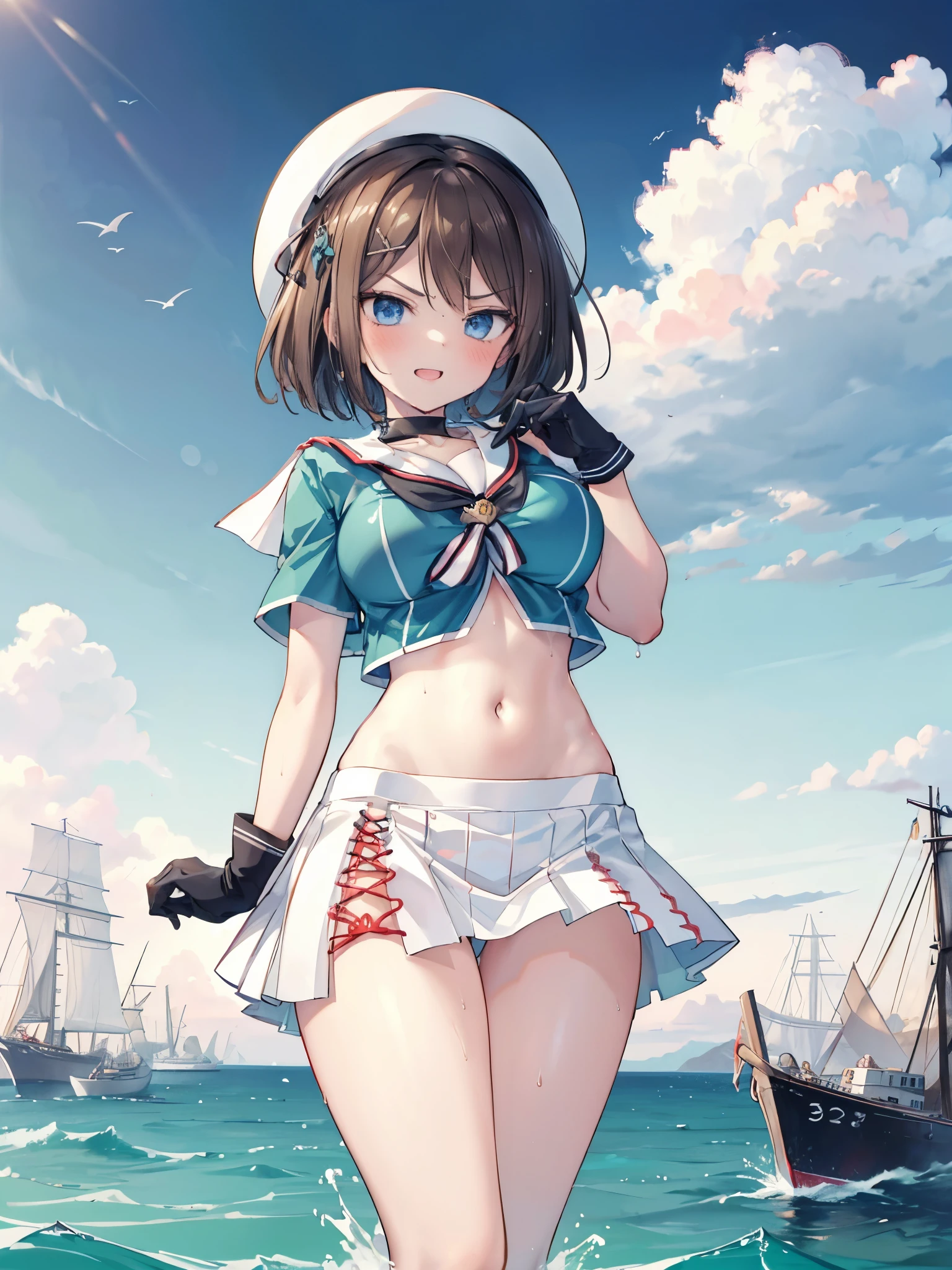1young_teen_ girl, , brown_hair, medium_bob_hair, blue_midriff_baring_sailor_uniform, mini_skirt, short_sleeve, thighs, gigantic_breasts, angry, smile,nihil,standing, harbor_town_landscape_background, slightly_spread_Legs, happiness, short_gloves, wet,,covered_nipples, covered_crotch,