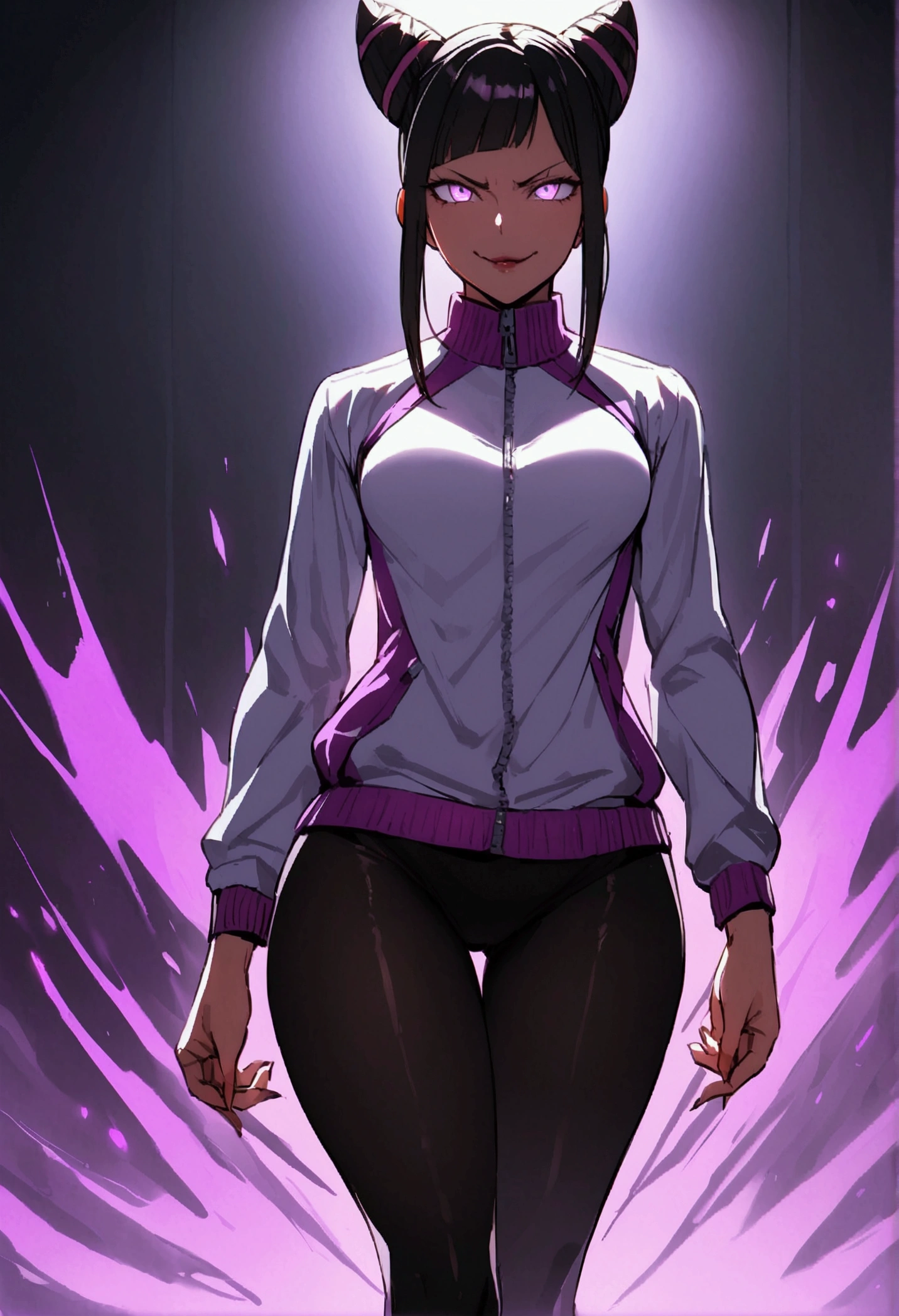 beautiful young fitness woman with , in a gym wearing May with black pantyhose, tight white and purple gym jacket. standing alone,hair horns,glowing purple eyes,Evil smile,legging preto
juri han,labiaa