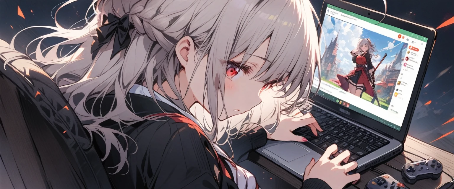 a girl with grey hair and red eyes,playing video games on a laptop,