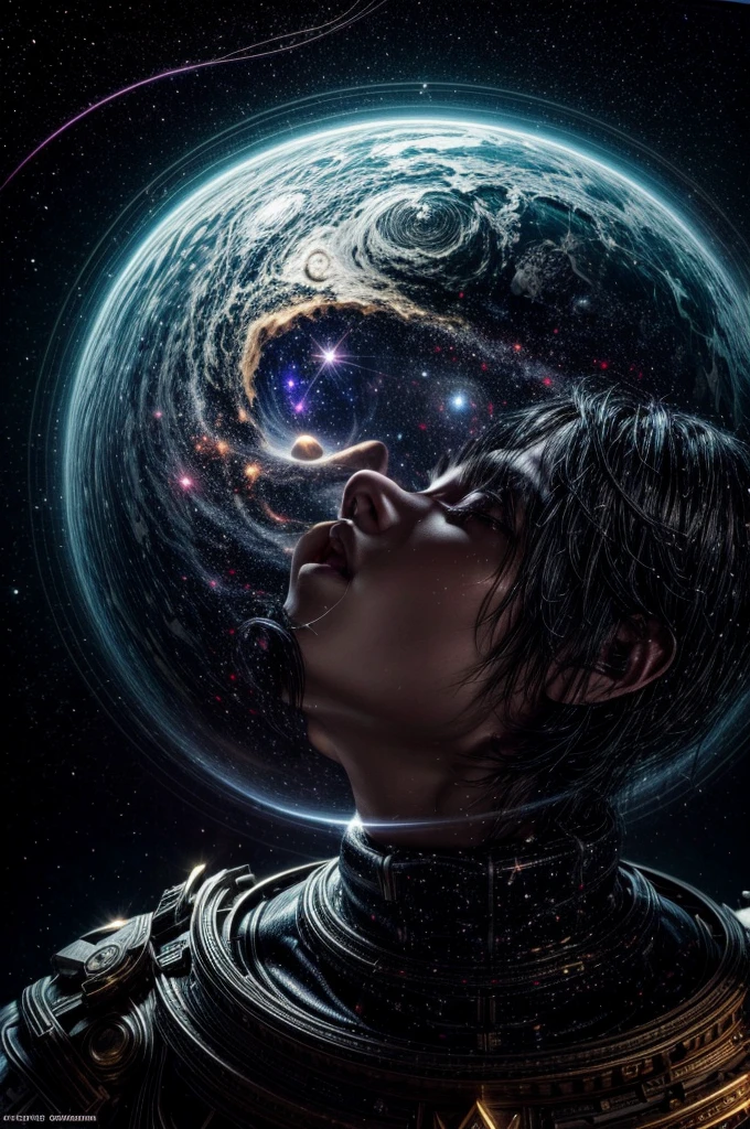 a cabin in space, black haired person sleeping, spiritual projection, spiritual dimension, aura energy, celestial light, person flying in the starry sky, universe, light golden, (best quality,4k,8k,highres,masterpiece:1.2),ultra-detailed,(realistic,photorealistic,photo-realistic:1.37),concept art,dramatic lighting,ethereal,cinematic,mystical,glowing aura,cosmic,surreal,intricate details,ambient occlusion,volumetric lighting