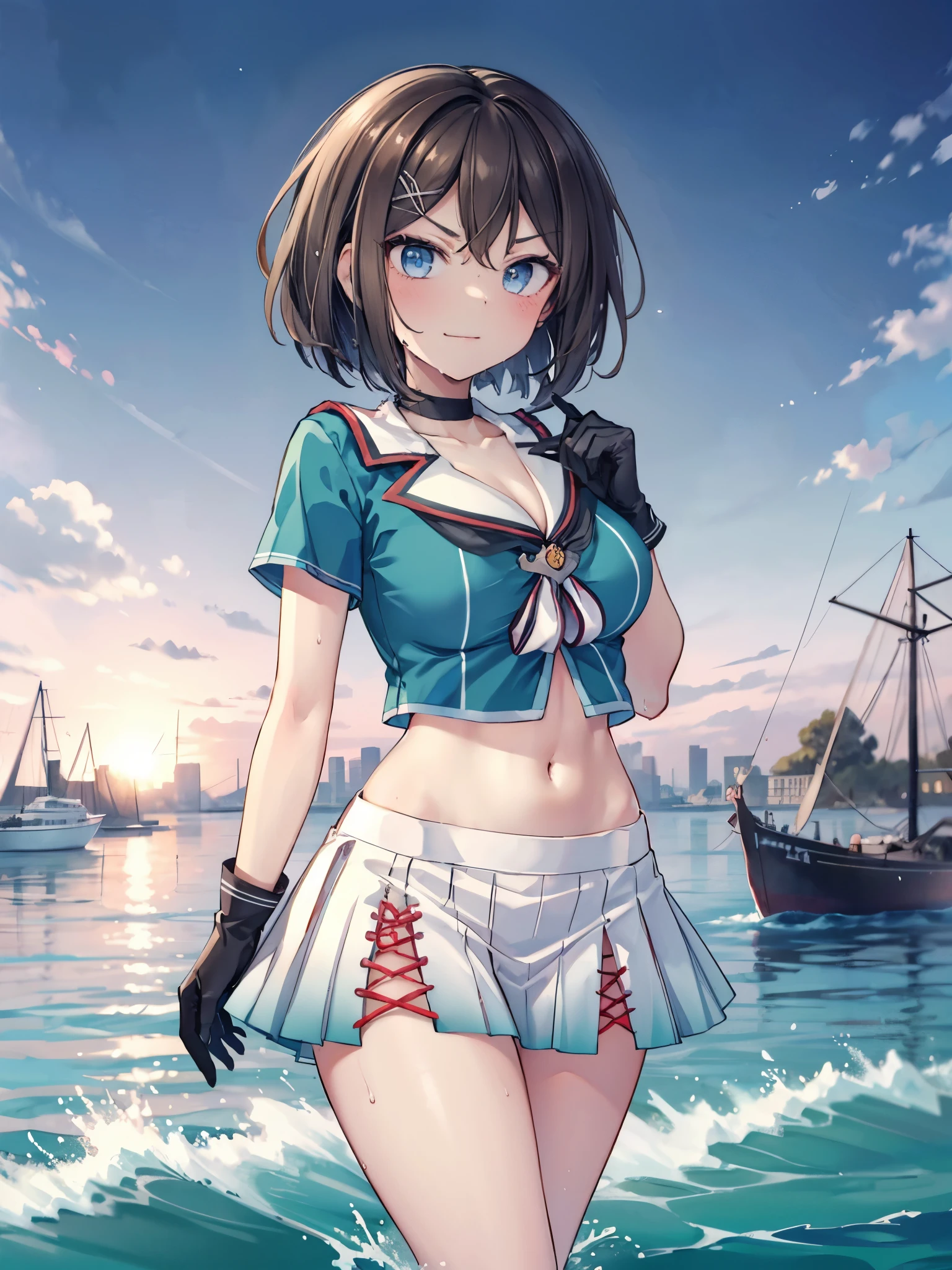 ung_teeirl, , brown_hair, medium_bob_hair, blue_midriff_baring_sailor_uniform, mini_skirt, short_sleeve, thighs, gigantic_breasts, angry, smile,nihil,standing, harbor_town_landscape_background, slightly_spread_Legs, happiness, short_gloves, wet,,covered_nipples, covered_crotch,