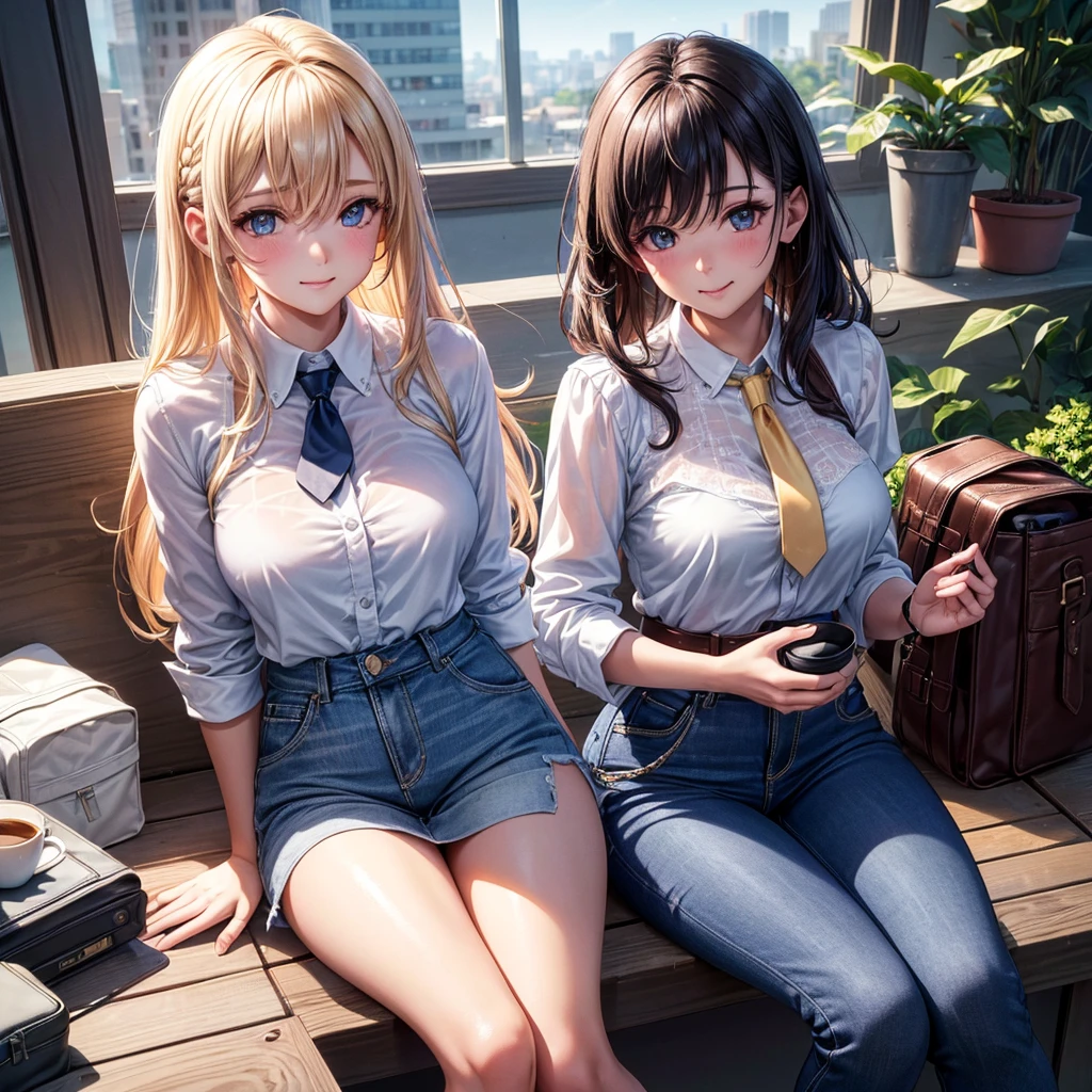 (8k, CRU photo, best qualityer, work of art:1.2), (realisitic, photo-realisitic:1.37), ultra detali,
1 girl,cute, standing alone,beautiful detailed sky,detailed coffee,natta,sitting down,falling in love,(Blushing Nose),(ssmile:1.1),(cloused mouth),breasts big, seductive ssmile, big apartment, professional lighting, Sony A7R4, Zessie 50mm F1.8,, holding bag in front of waist:1.5,mole under the eye:1.2 medium breasts,beautiful detailed eyes,(white sexy blouse:1.1), butterfly necktie, jeans,(shorth hair:1.2),floating hair