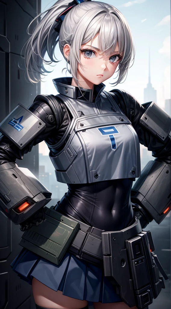 young girl, short gray hair, high ponytail, gray eyes, blue battle shirt, skirt, robot behind, guns, Masterpiece, hiquality, 4k, HD, Good detail