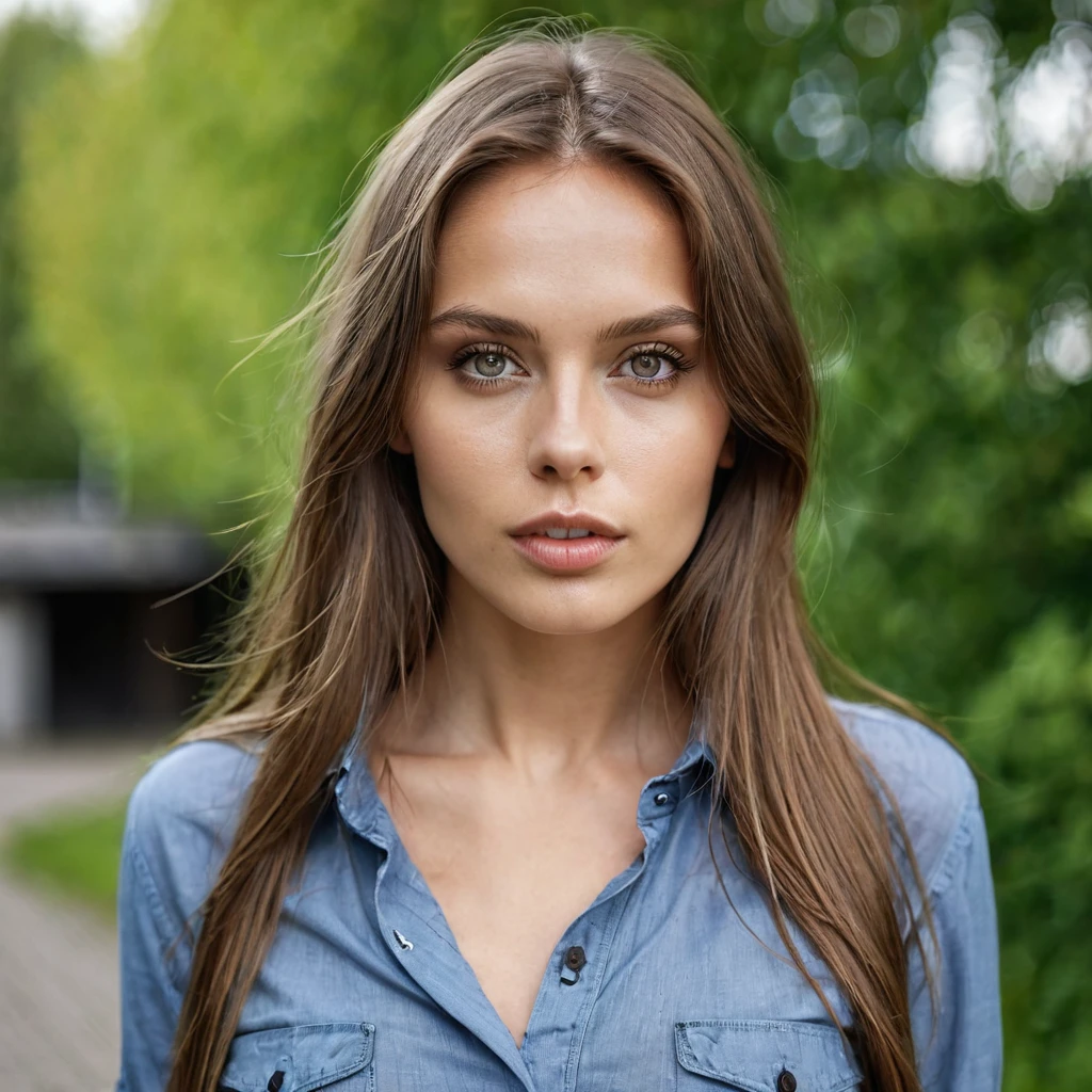 Beautiful woman from sweden, realistic eyes, realistic face, slim face, long brown hair, 25 years old, model, full lips, special camera angle, belly shirt, outside