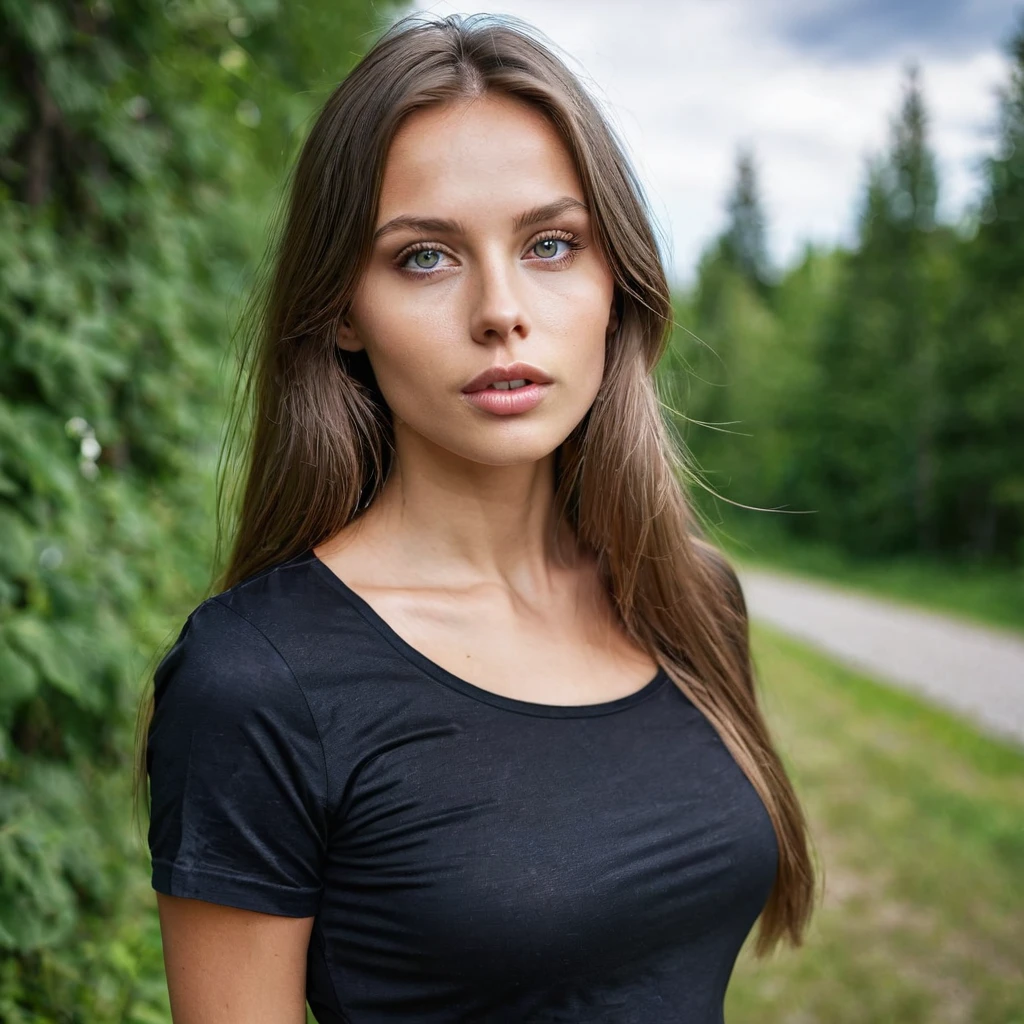 Beautiful woman from sweden, realistic eyes, realistic face, slim face, long brown hair, 25 years old, model, full lips, special camera angle, belly shirt, outside