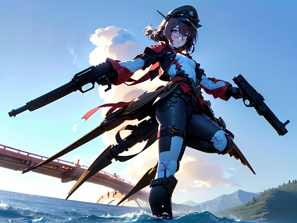 (((masterpiece, Vision))), ((((Full body of a woman with perfect flat chest、1 Female、solo、Short unkempt black hair、Tie your messy hair at the nape of your neck、white military jacket、Miko costume、black tights、Black glasses are black、White military cap、Cloudy black eyes、Confused eyes、Junyo-inspired emblem、Ship-style boots)))), (((Shipgirl))), ((Floating on the morning sea with both feet)), (Standing with your legs apart)), Aim, (Hold the shotgun turret grip with your right hand), (Four white mechanical dragons extend from its back.), (Equipped with a small hull with turrets on either side of the waist), (Equipped with a bridge on the back), (Left arm holds the grip of a double-barreled shotgun),