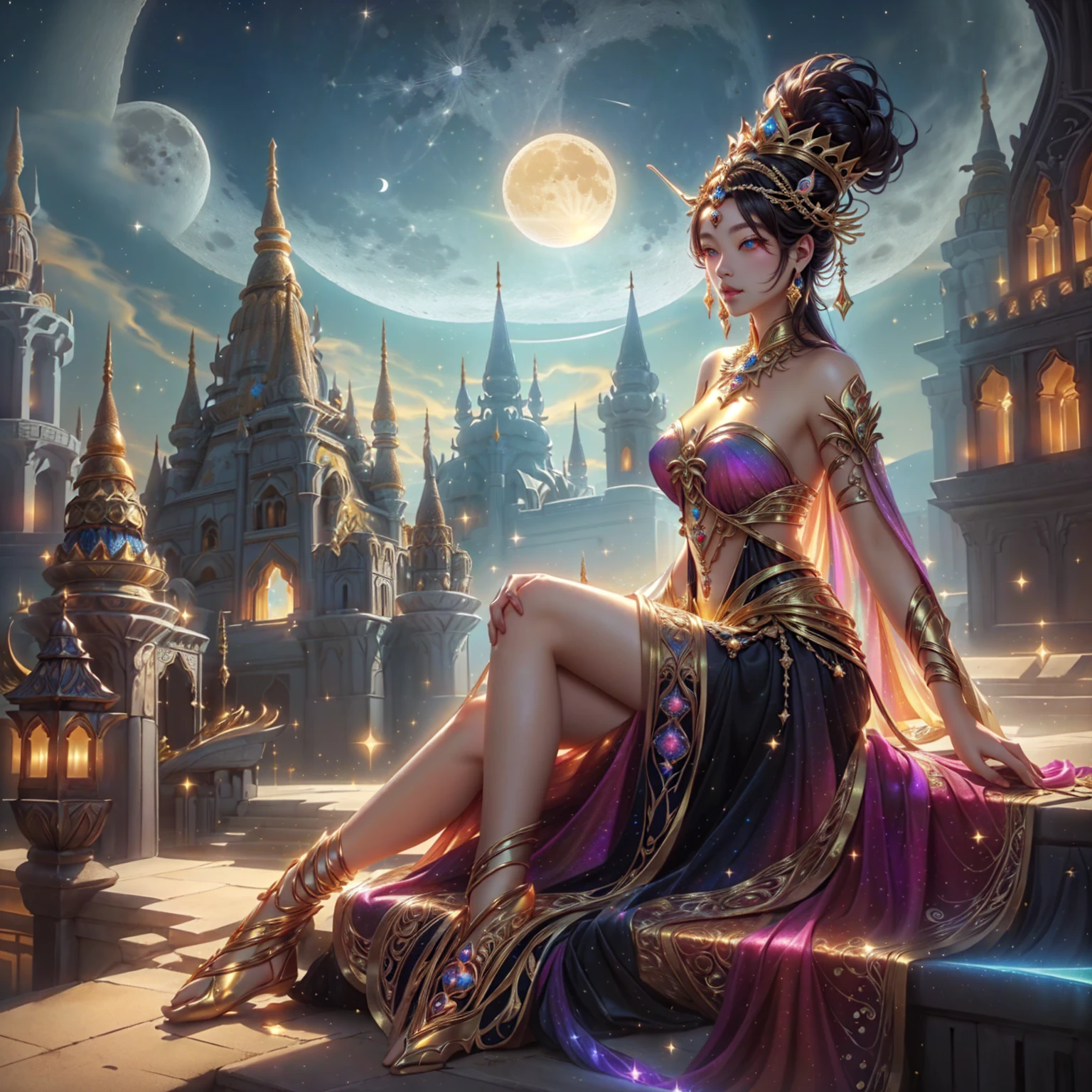 super model woman  , golden crown  , pink mouth ,Dressed in gold, standing in front of a crescent moon., goddess of heaven, goddess of the moon, anime goddess, beautiful heavenly mage, lunar goddess, Moon Goddess, Golden Lotus Princess, Goddess of the Galaxy, Beautiful Fantasy Empress, ((Beautiful Fantasy Empress)), Goddess and Moon, As the sun goddess,, Goddess of space and time ,  , Fine gold jewelry , red diamond , Indian city background