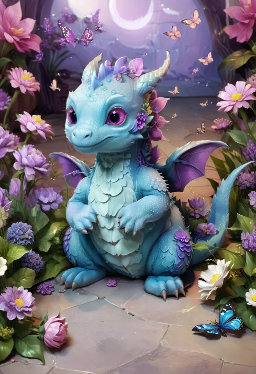 cartoon dragon sitting on the floor with butterflies and flowers, Cute little dragon, Detailed and cute digital art, adorable digital painting, a beautiful blue dragon, cute digital art, very cute purple dragon, newborn dragon, dragon in the background, cute detailed art, stuffed dragon, pokemon illustration, cute art, cute little creature, High quality 8k detailed artwork, fantasy sticker illustration