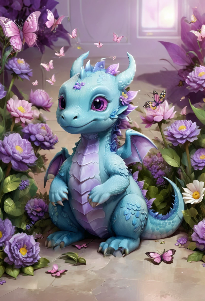 cartoon dragon sitting on the floor with butterflies and flowers, Cute little dragon, Detailed and cute digital art, adorable digital painting, a beautiful blue dragon, cute digital art, very cute purple dragon, newborn dragon, dragon in the background, cute detailed art, stuffed dragon, pokemon illustration, cute art, cute little creature, High quality 8k detailed artwork, fantasy sticker illustration